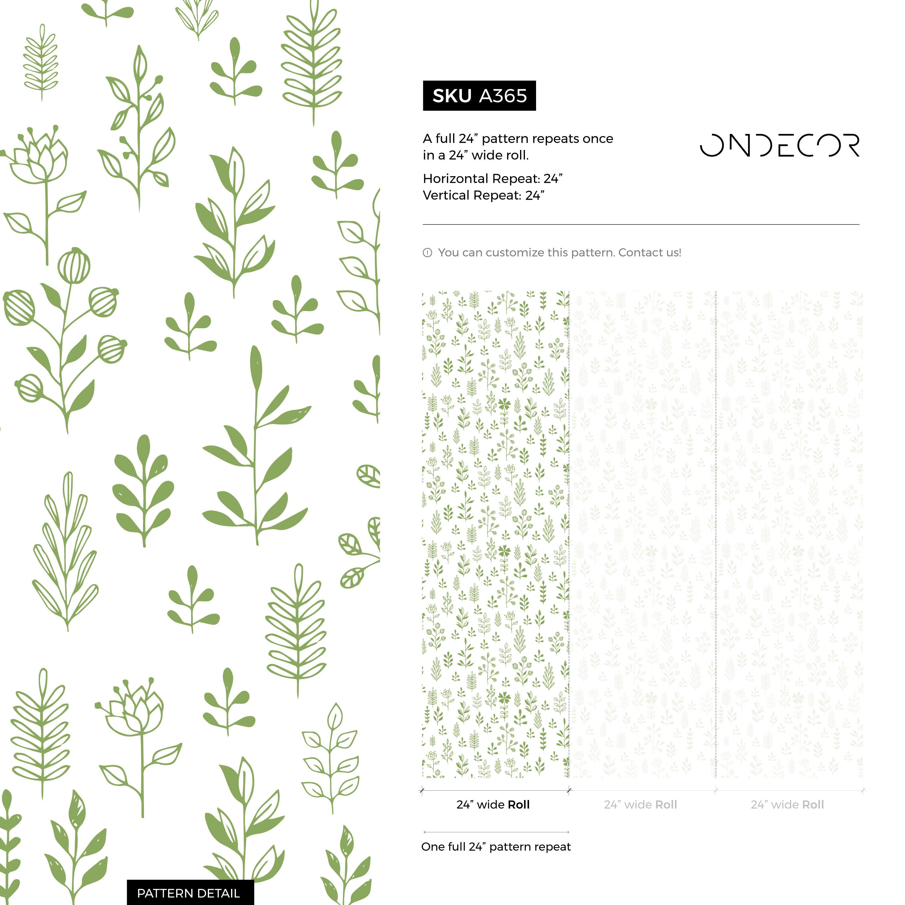 Botanical Wallpaper With Dainty Leaf Illustrations In Green - A365