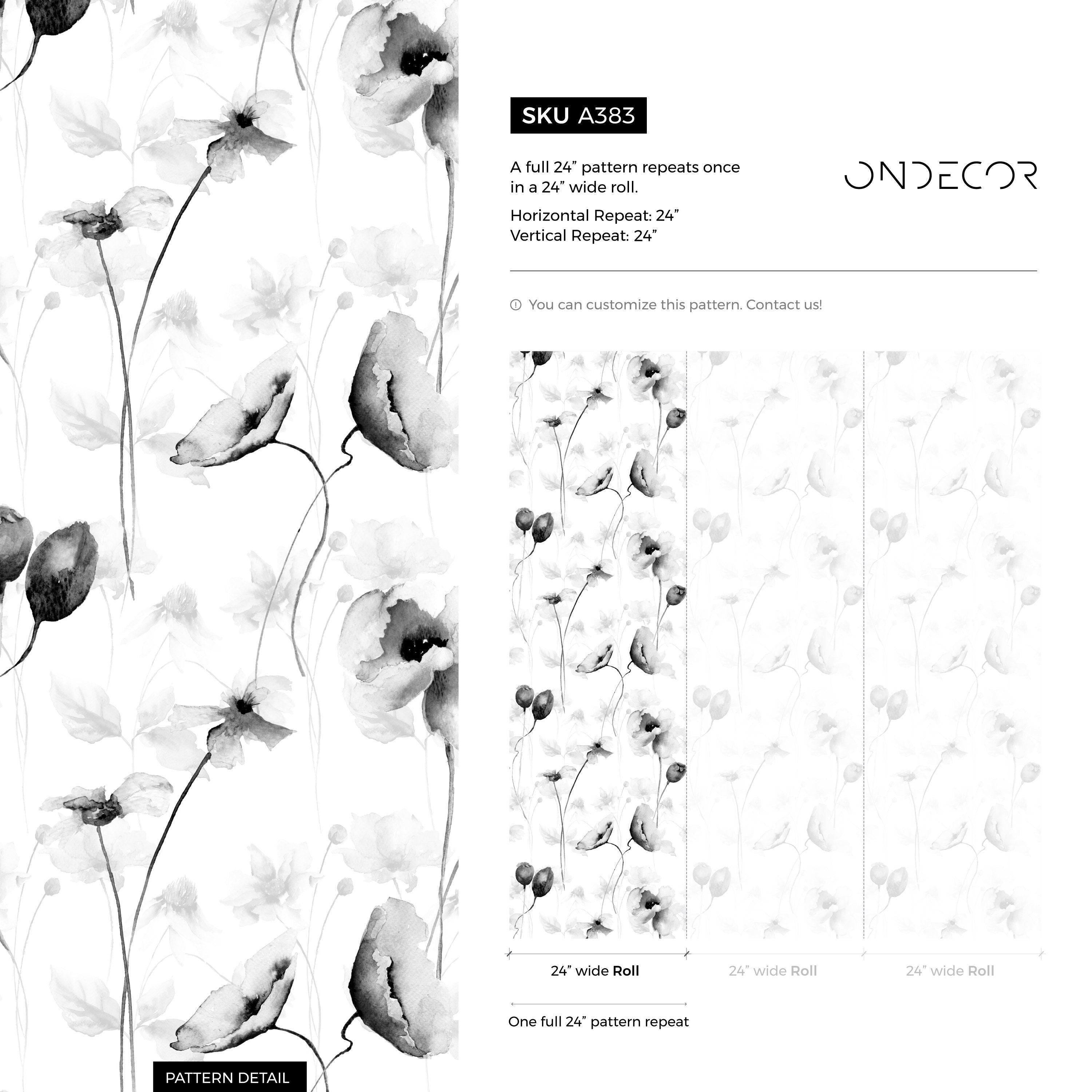 Floral Wallpaper With Watercolor Poppies In Black And White - A383