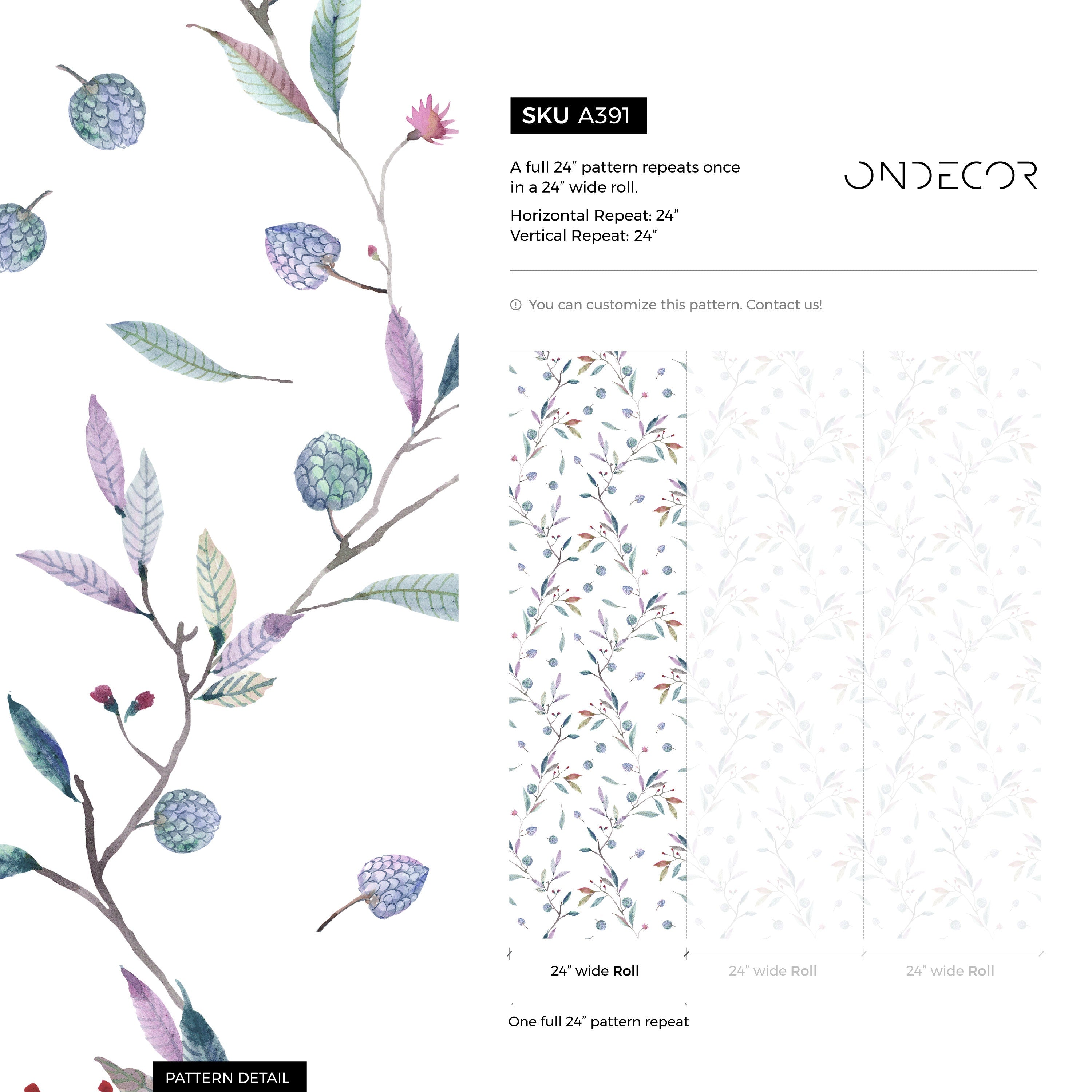 Botanical Wallpaper With A Delicate Berry Branch Motif In Green, Purple, And Red - A391