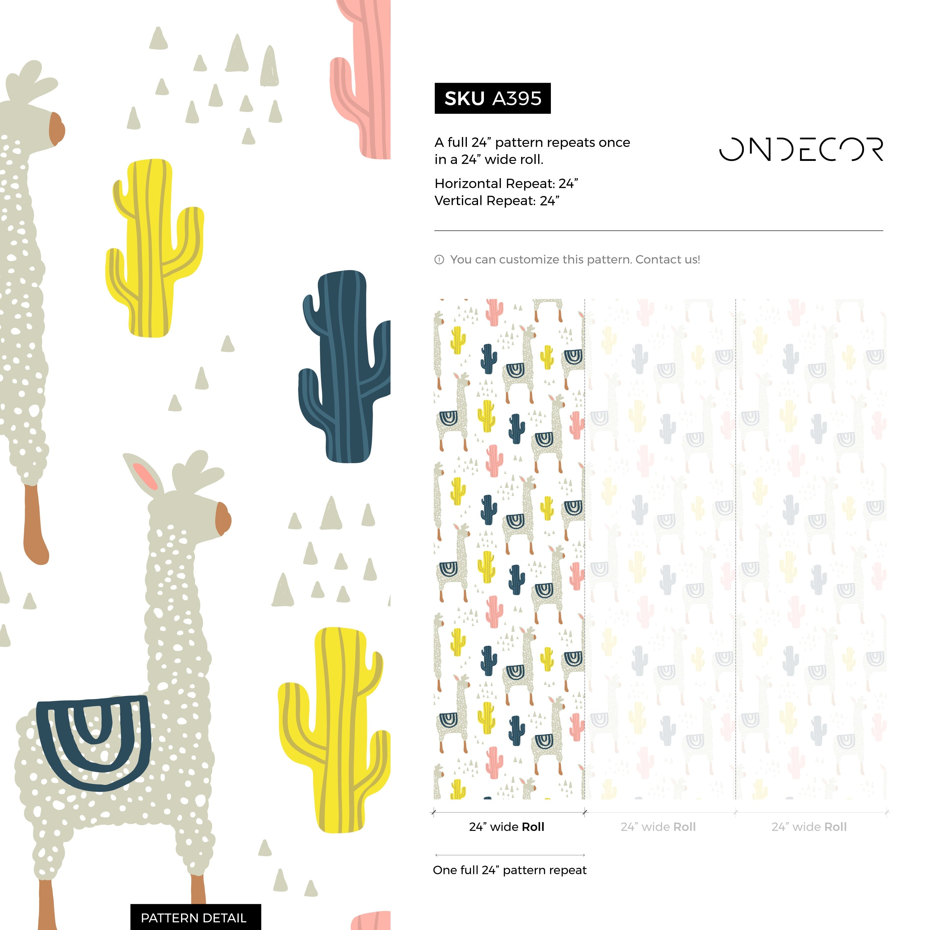 Nursery Wallpaper With Llamas And Cacti In Grey, Yellow, And Pink - A395