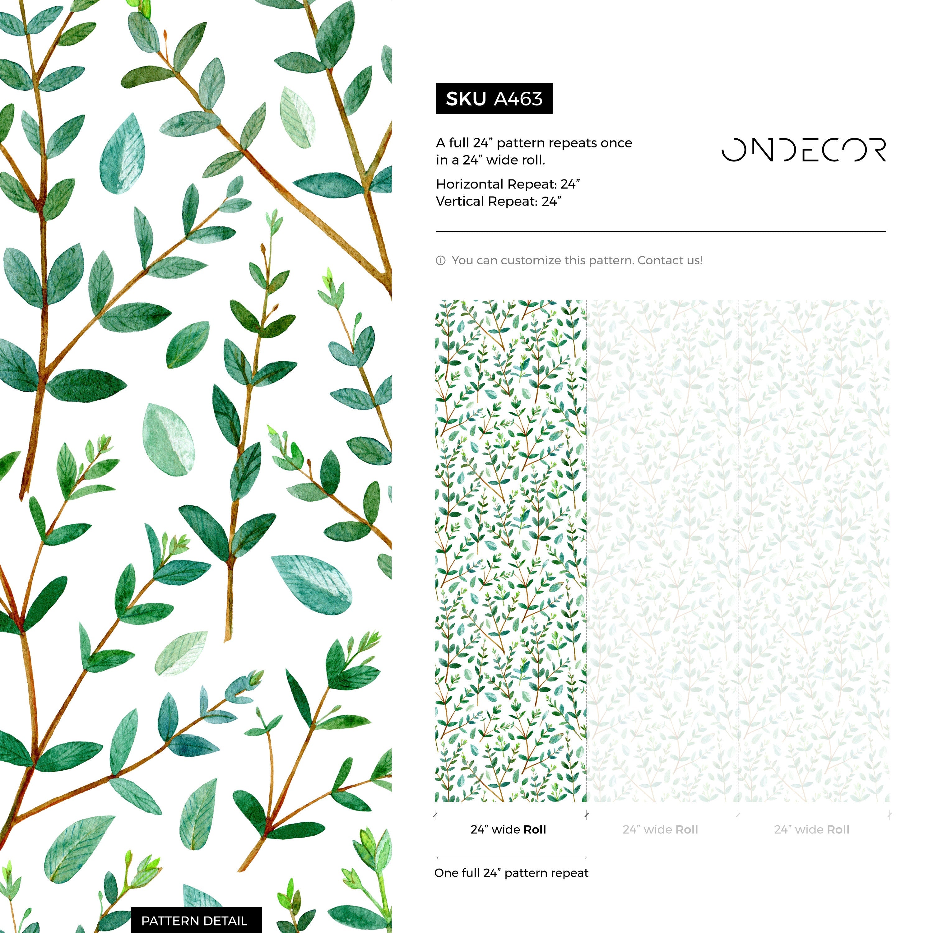 Botanical Wallpaper With Watercolor Leafy Branches In Green And Brown - A463