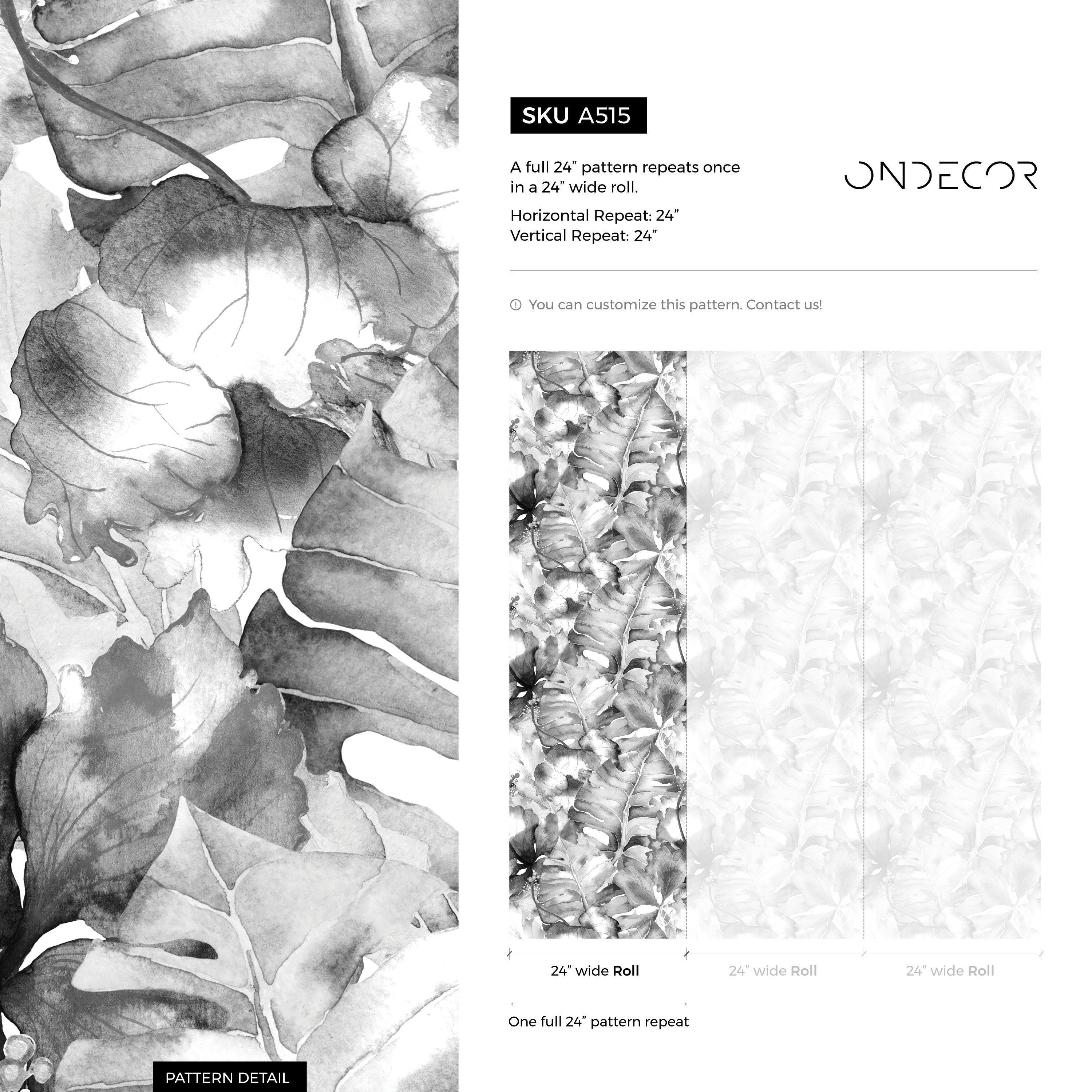 Botanical Wallpaper With Lush Watercolor Leaves In Black And Gray - A515