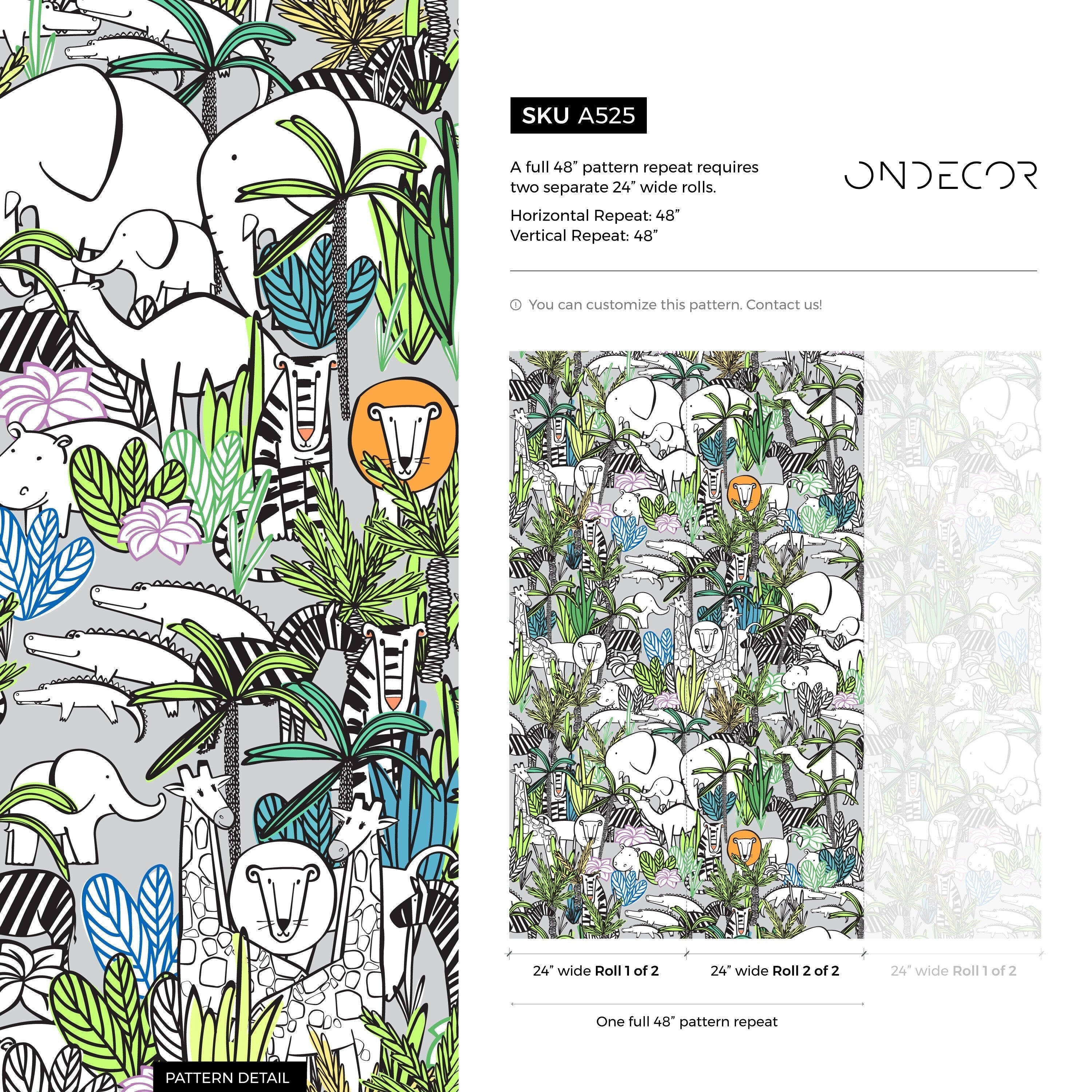 Jungle Wallpaper Featuring Illustrated Safari Animals In Green And Gray - A525
