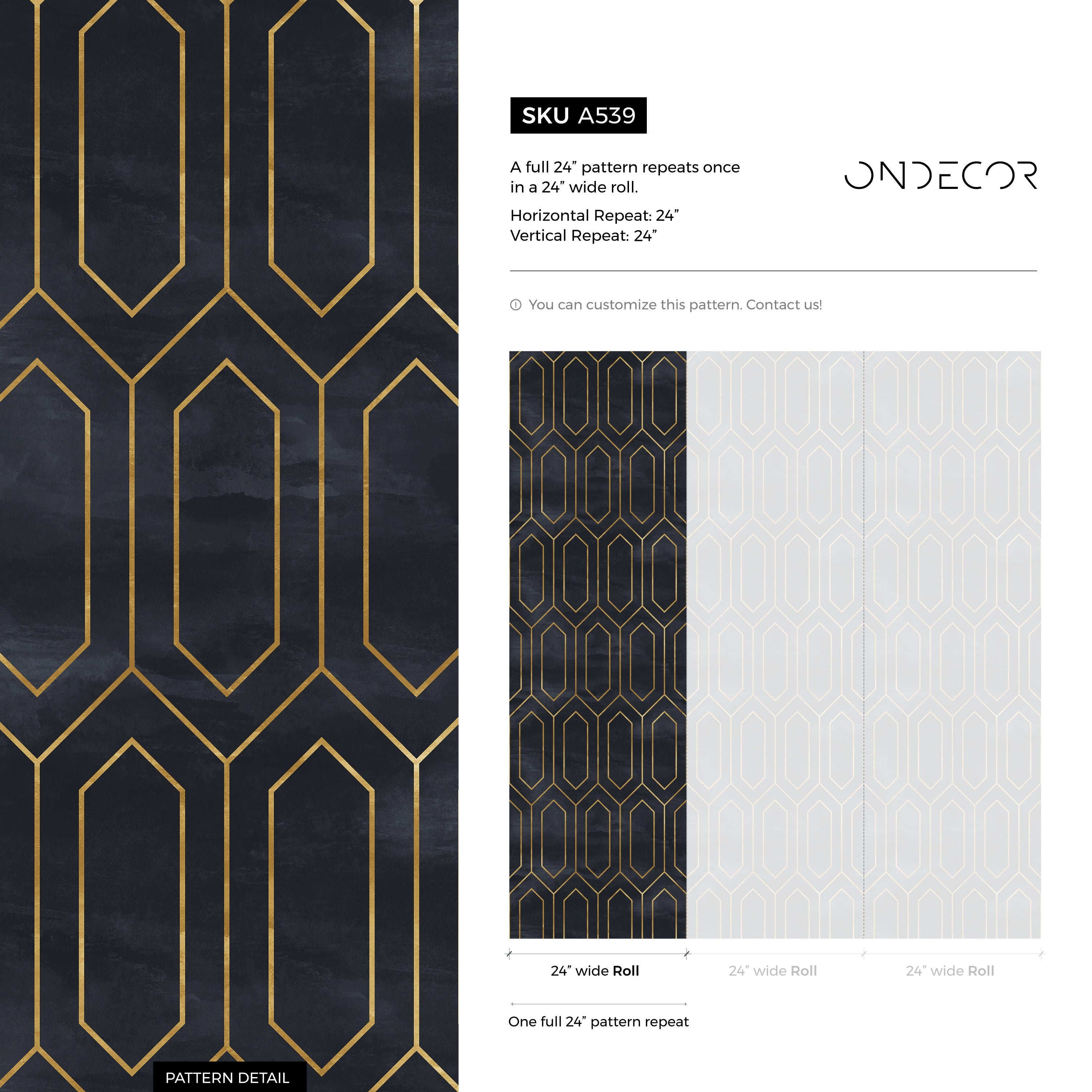 Art Deco Wallpaper With A Geometric Honeycomb Motif In Black And Gold - A539