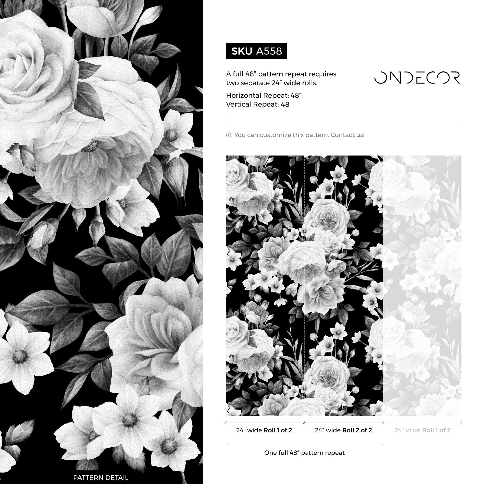 Floral Wallpaper Featuring Large Scale Roses In Black And White - A558