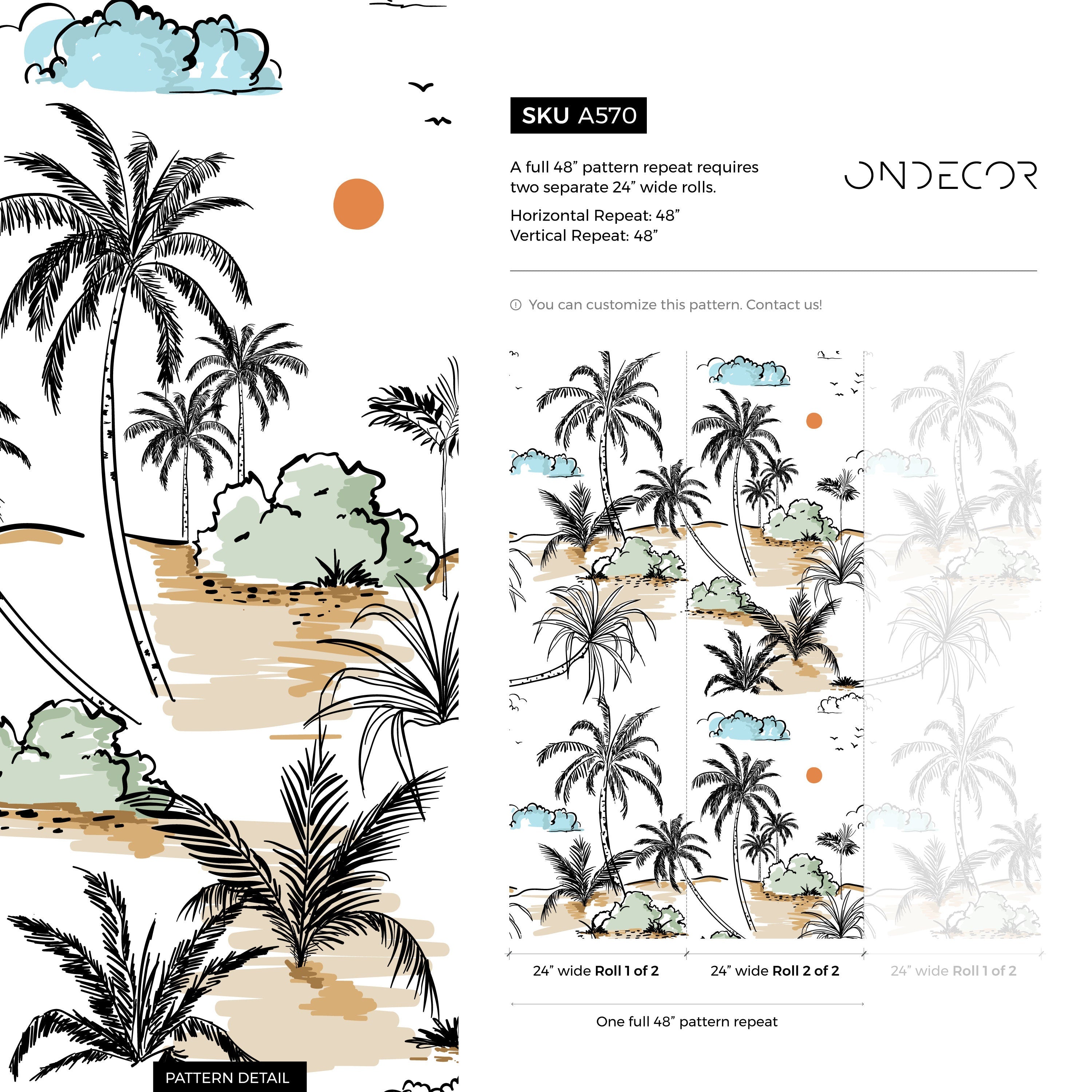 Tropical Wallpaper With A Hand-drawn Palm Tree Scene In Black, Beige, And Green - A570