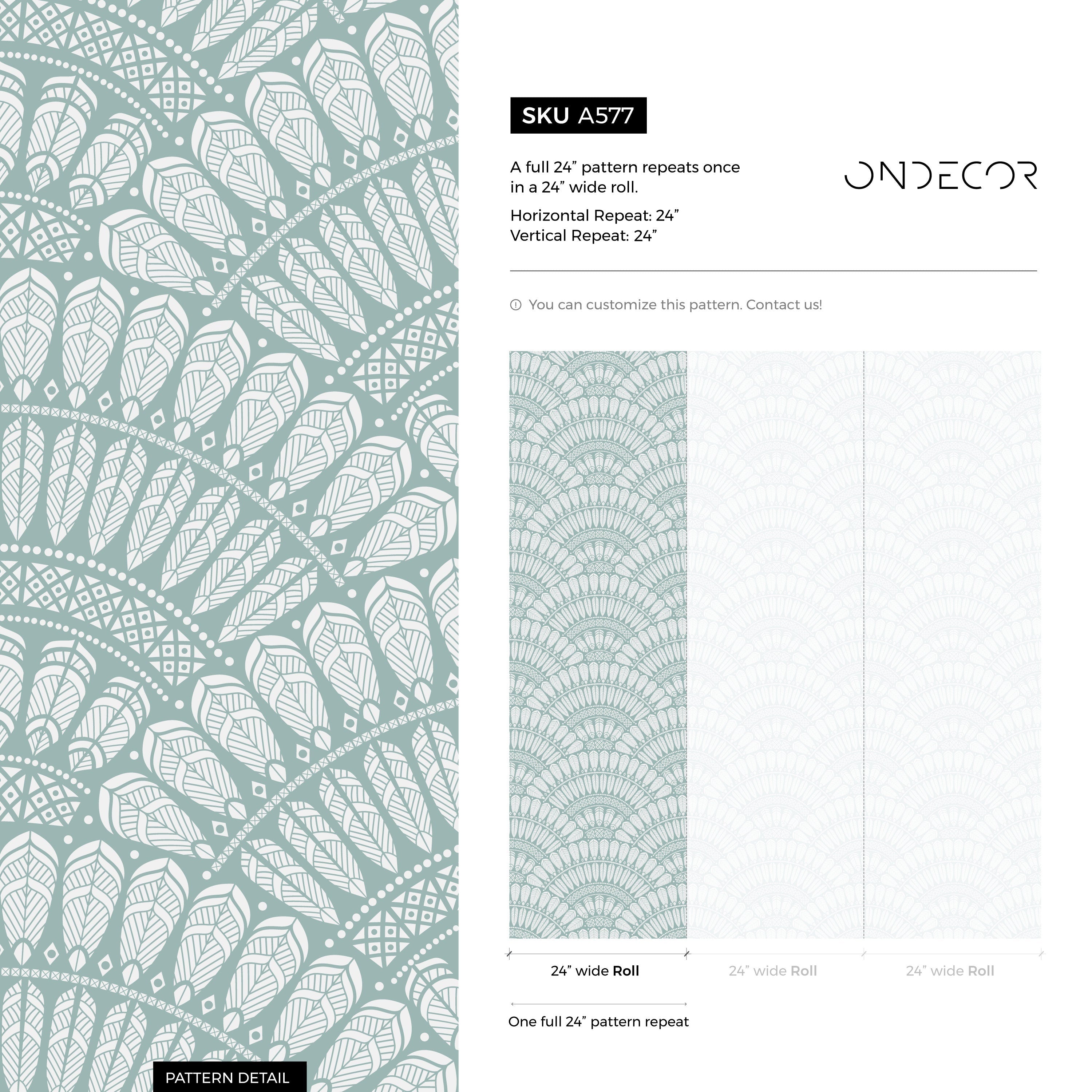 Art Deco Wallpaper With A Scalloped Feather Motif In Sage Green And White - A577