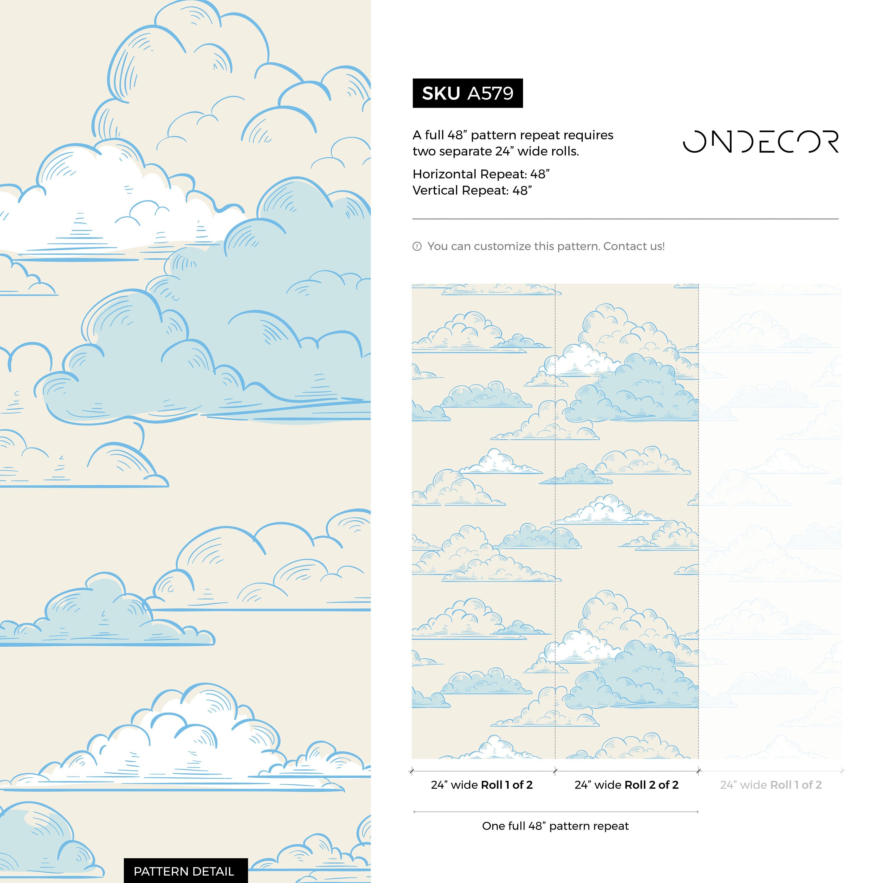Clouds Wallpaper With A Hand-drawn Motif In Blue And Beige - A579