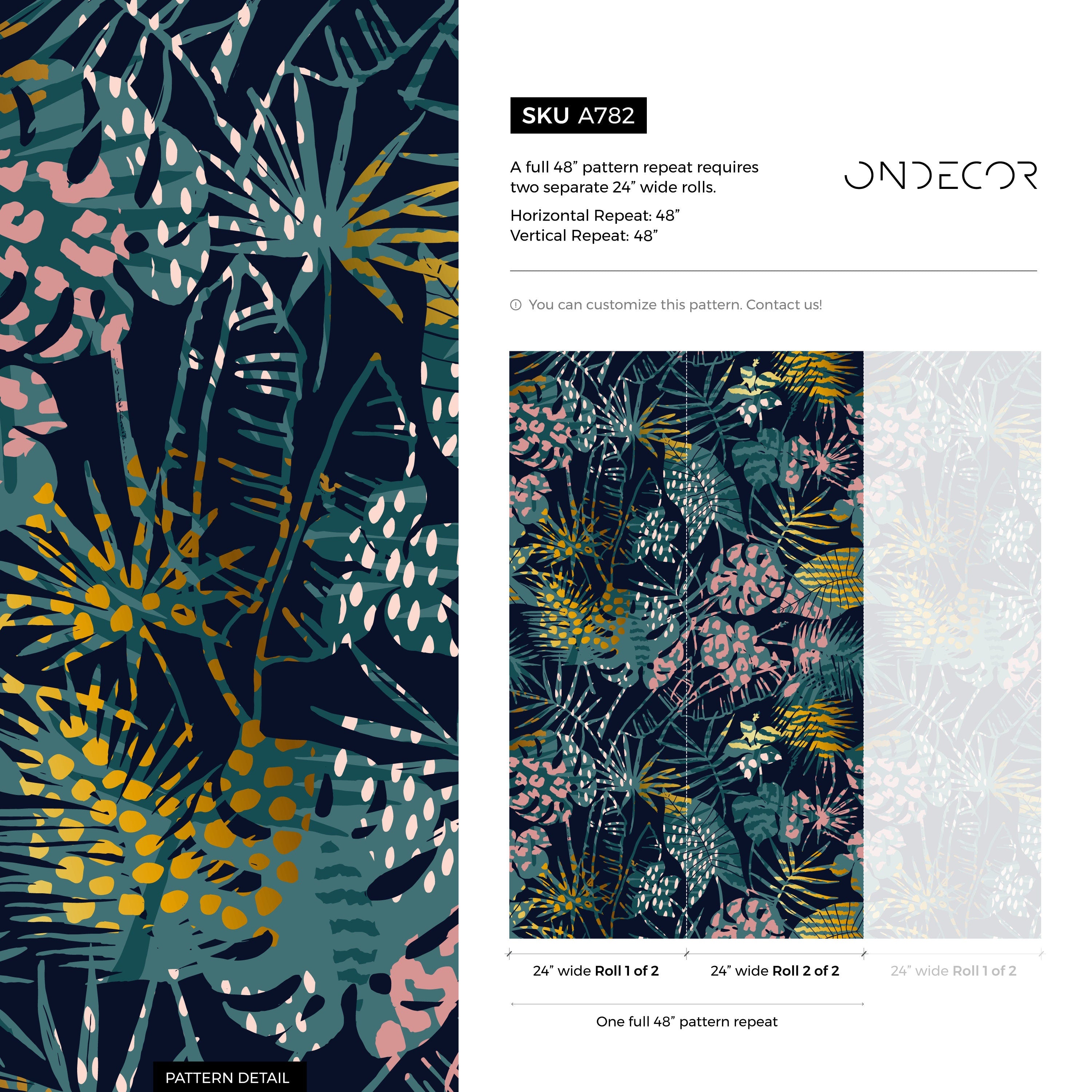 Tropical Wallpaper With Animal Print Leaves In Teal, Pink, And Gold - A782