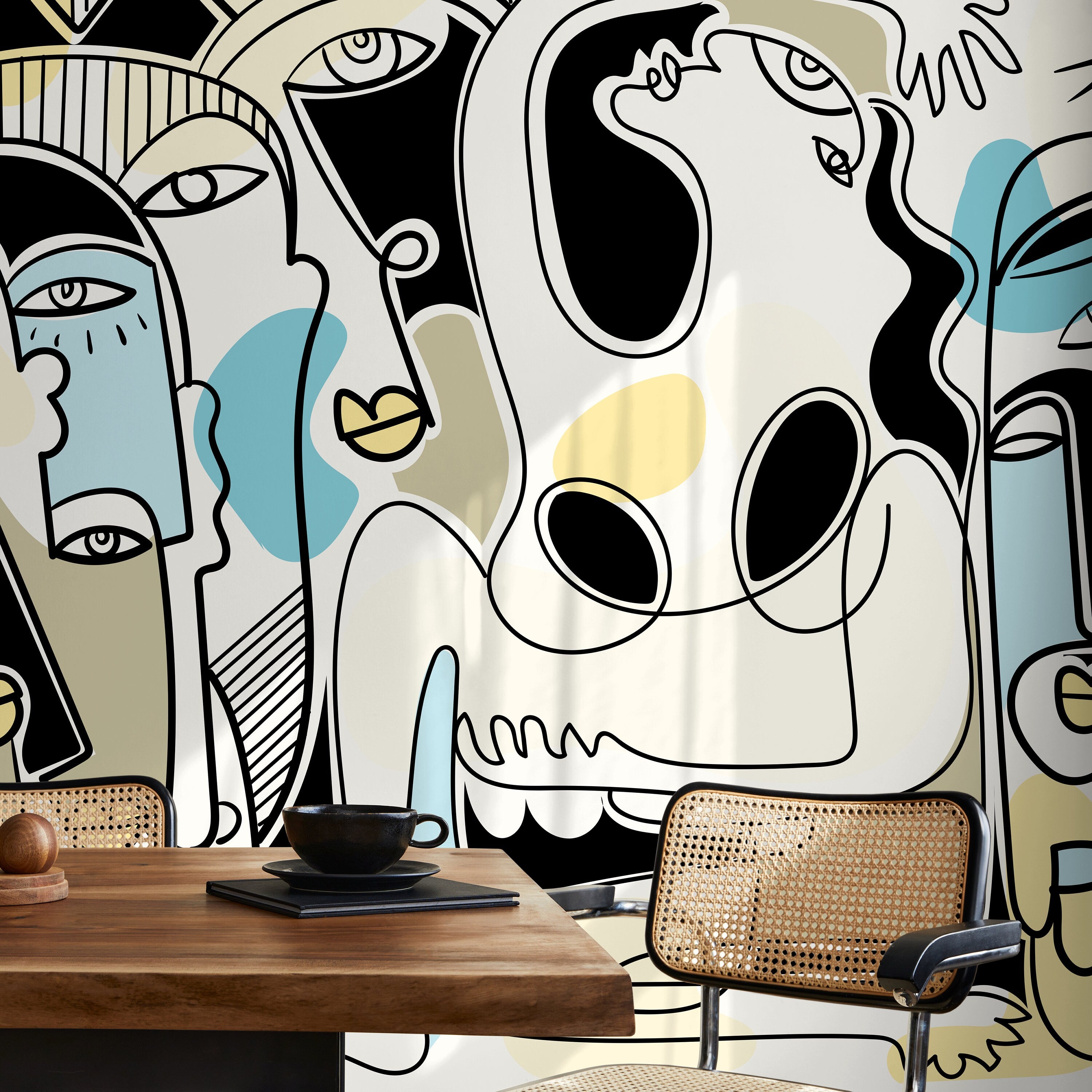 Abstract Wallpaper With A Modern Face Collage In Black, Blue, And Yellow - D591