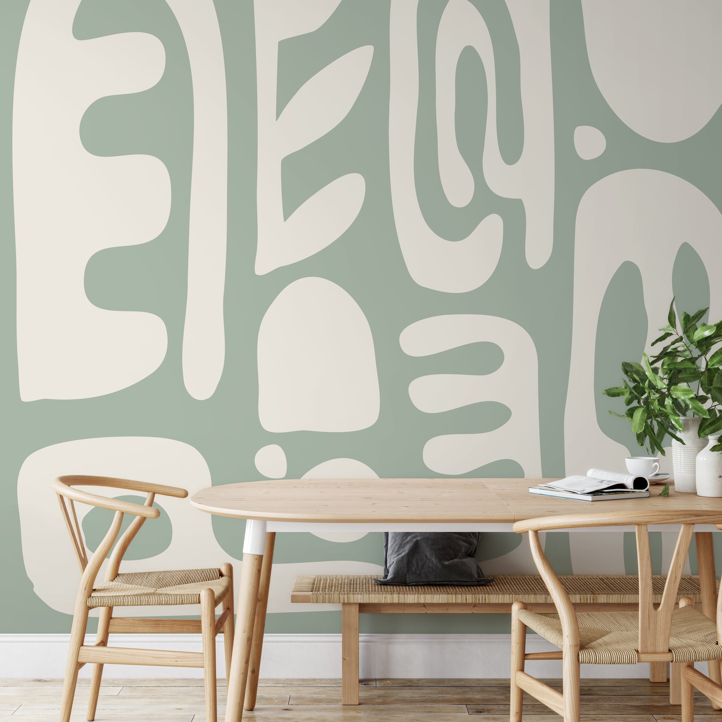 Abstract Wallpaper With Large Scale Organic Shapes In Sage Green And Cream - D593