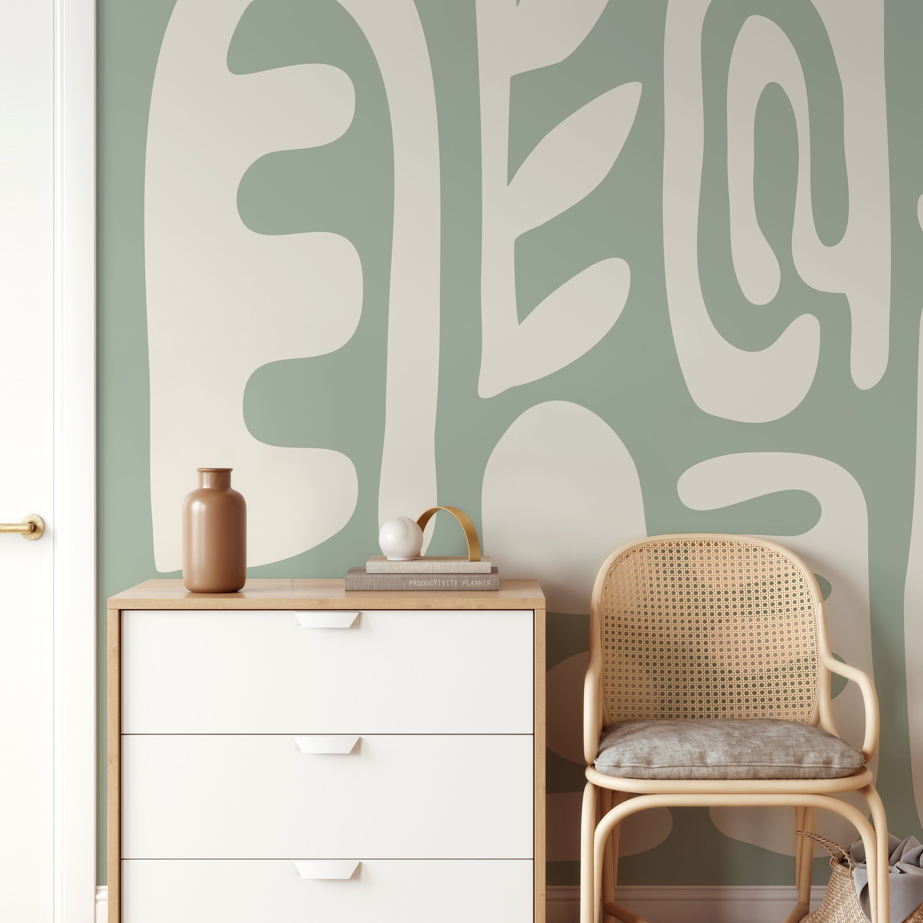 Abstract Wallpaper With Large Scale Organic Shapes In Sage Green And Cream - D593