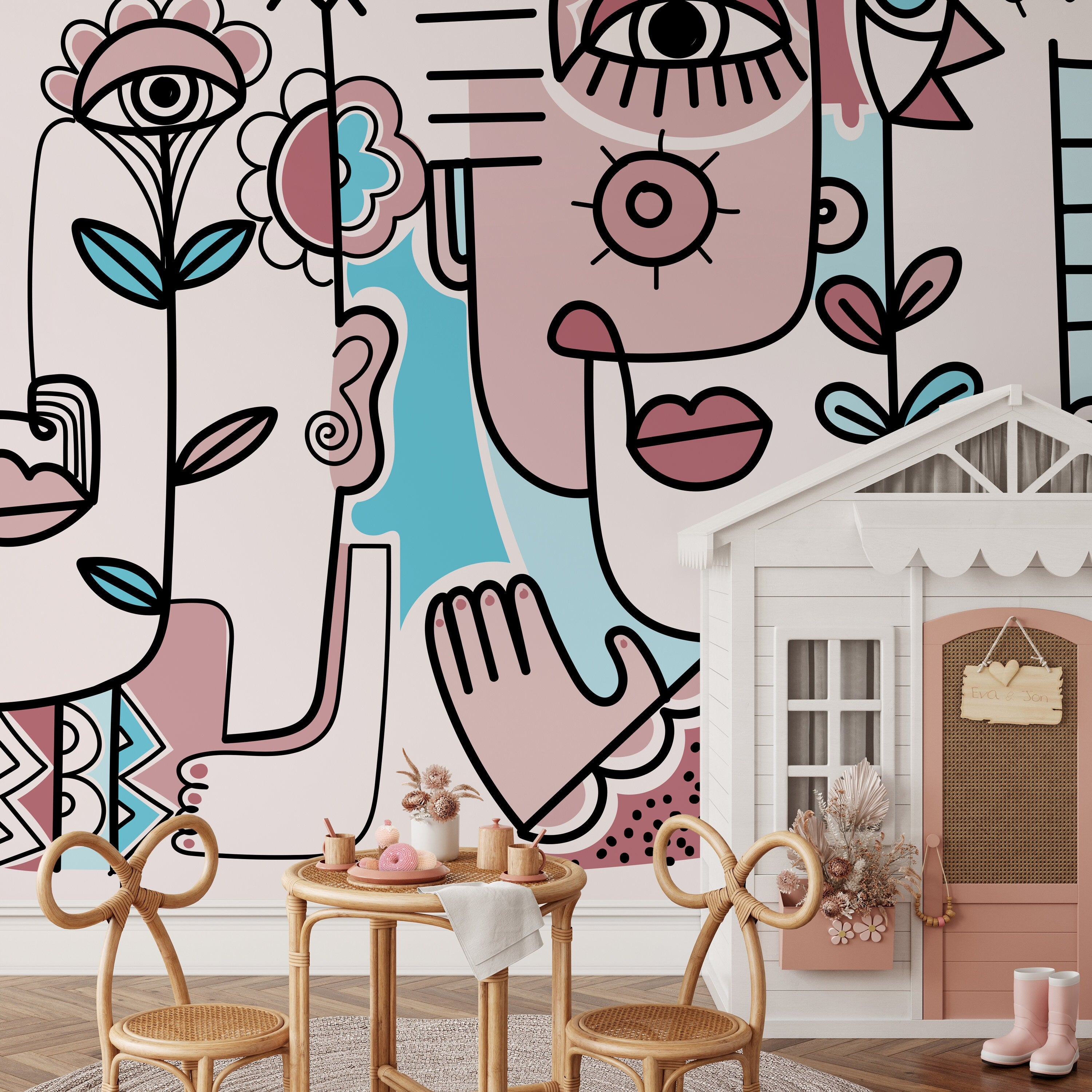 Abstract Wallpaper With Surrealist Faces And Florals In Pink And Blue - D598