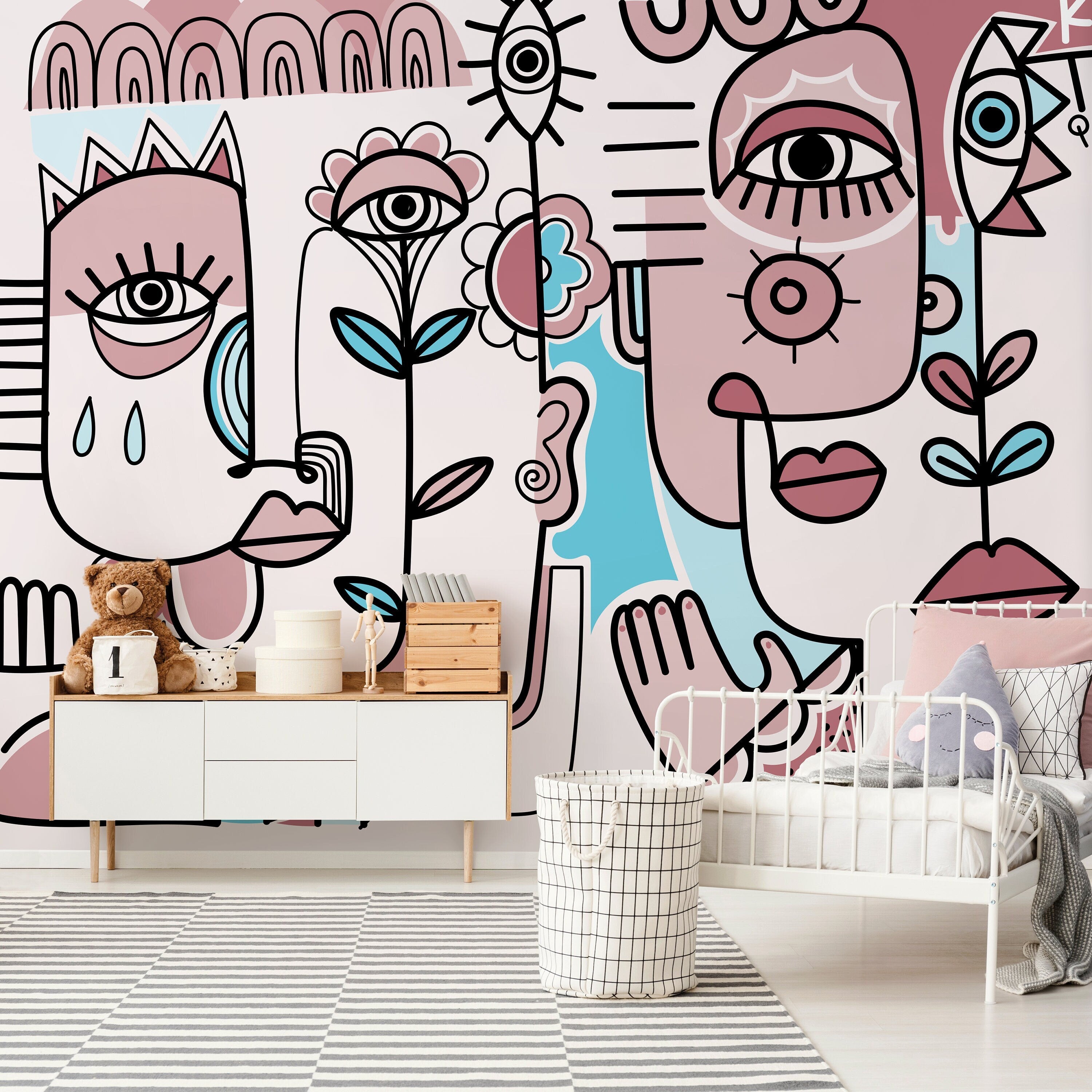 Abstract Wallpaper With Surrealist Faces And Florals In Pink And Blue - D598