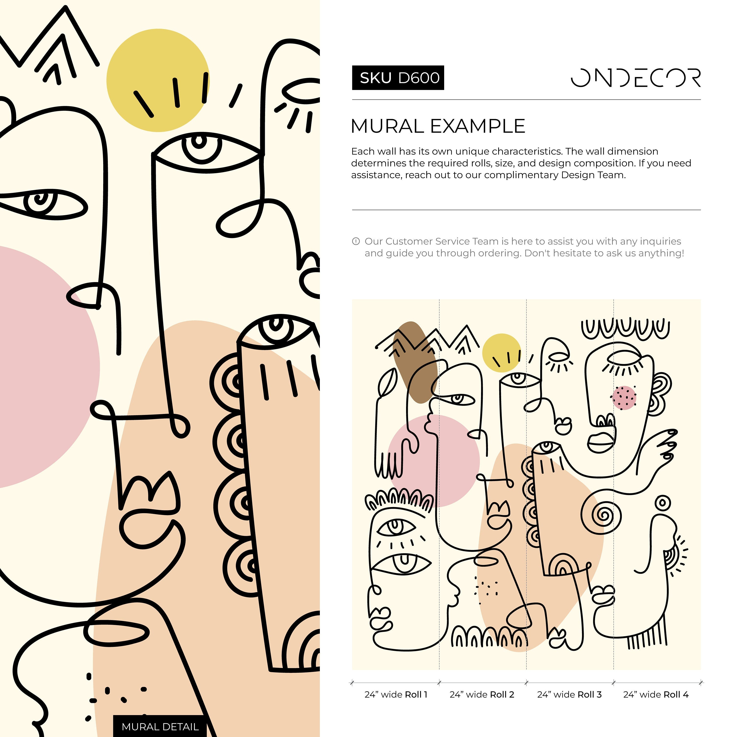 Abstract Wallpaper With Modern Line Art Faces In Pink, Brown, And Yellow - D600