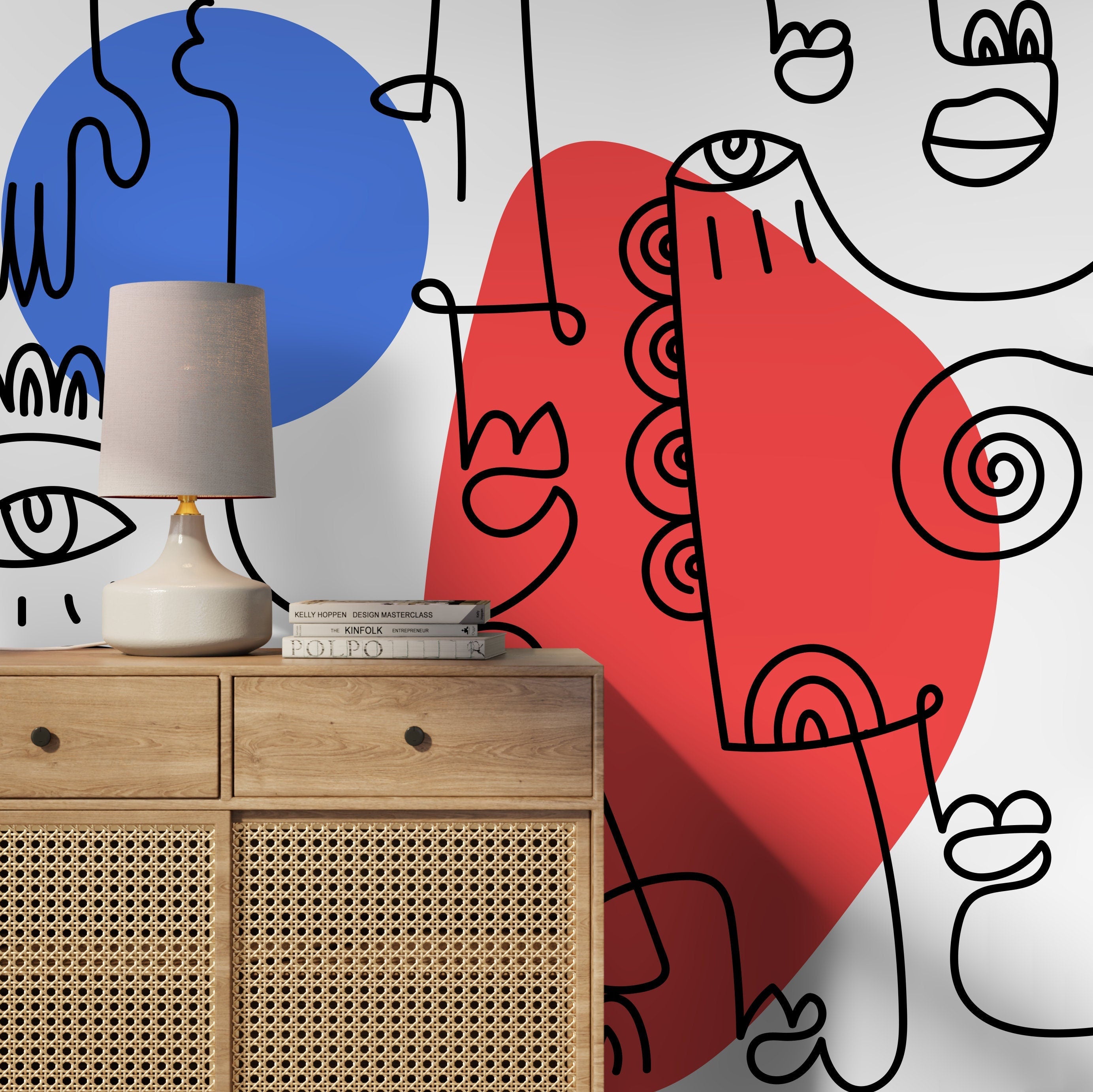 Abstract Wallpaper With Line Art Faces In Black, Red, And Blue - D601