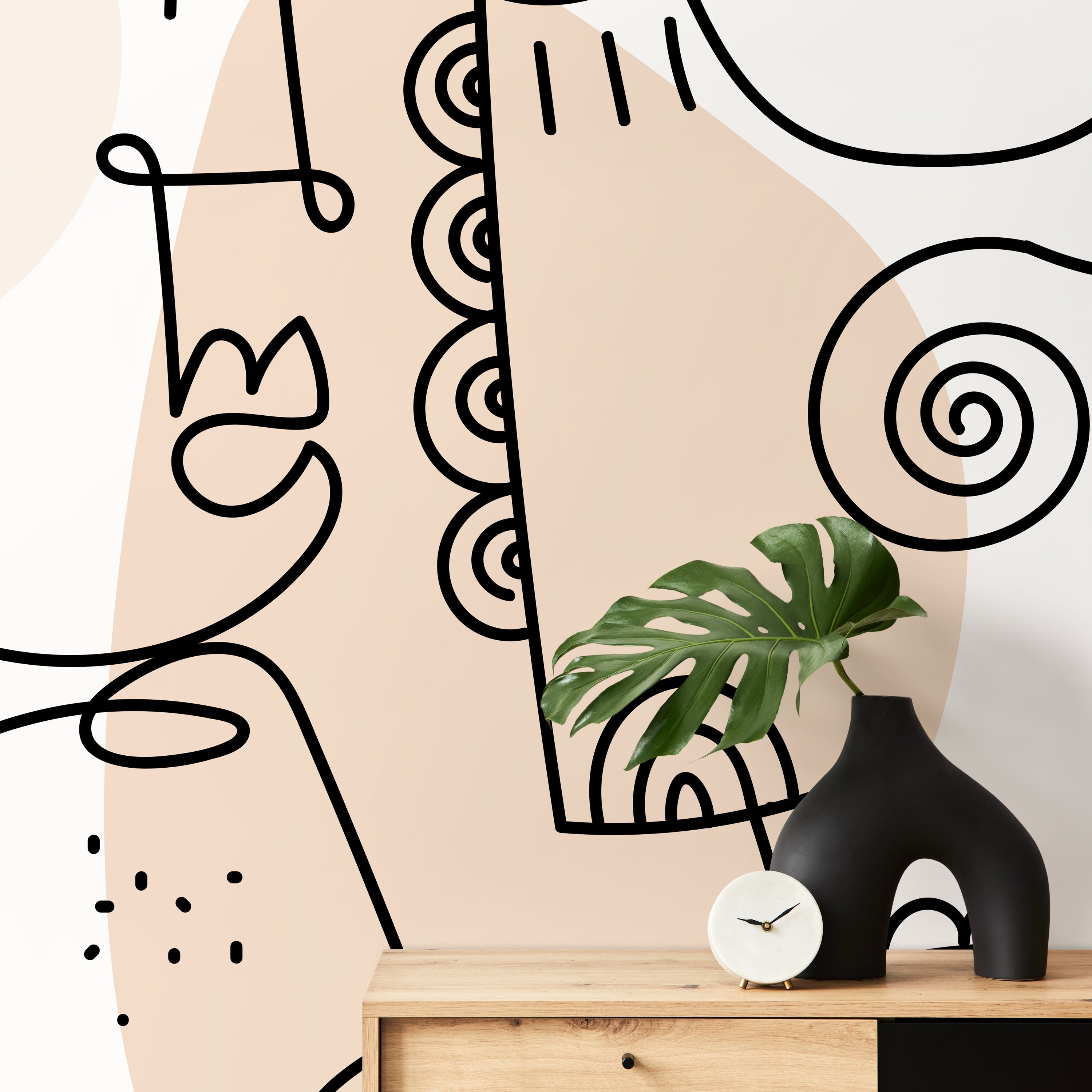 Abstract Wallpaper With Line Art Faces In Black And Beige - D602