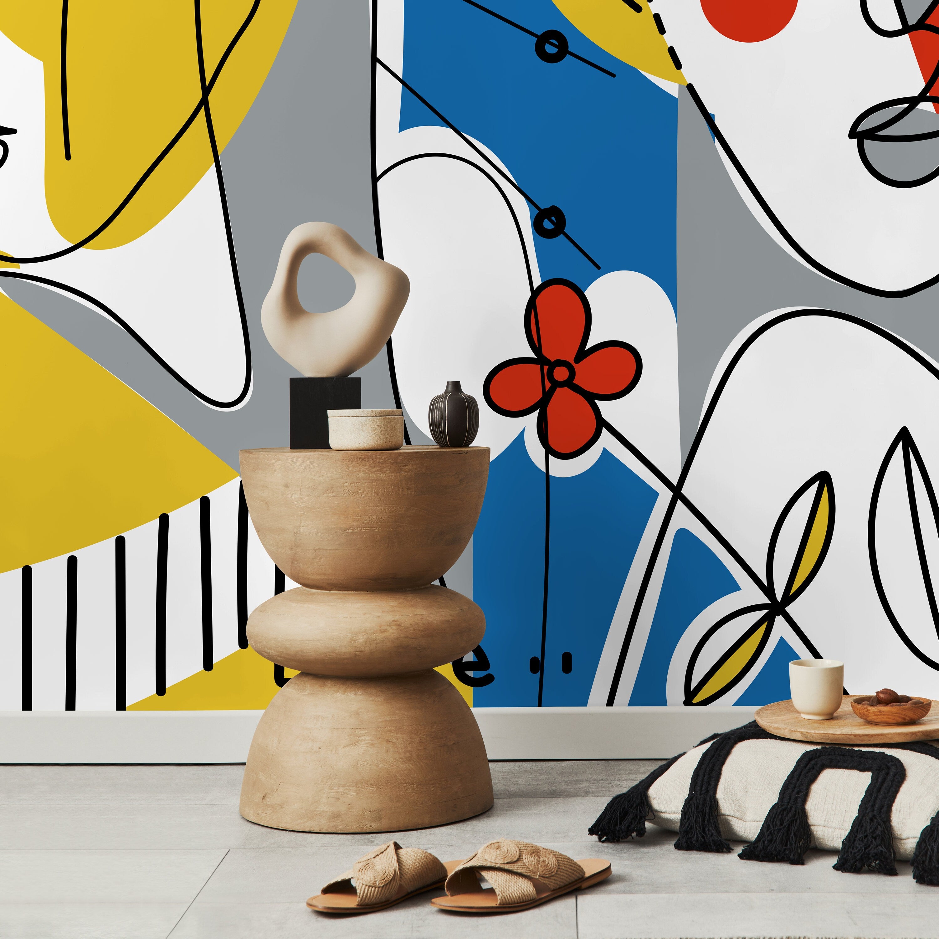 Abstract Wallpaper With Cubist Faces In Blue, Yellow, And Red - D605