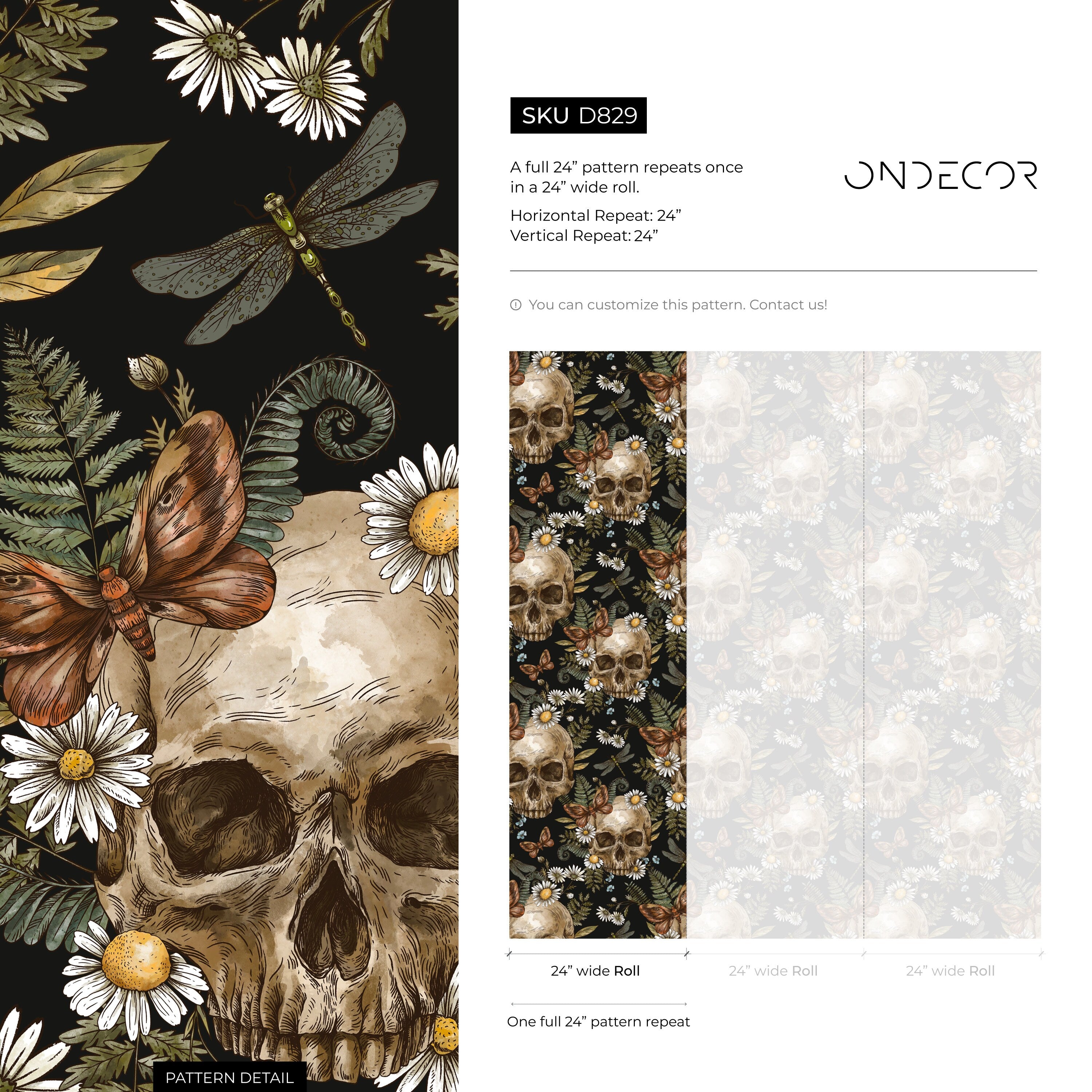 Gothic Wallpaper With Skulls, Ferns, And Daisies In Black, Green, And Brown - D829