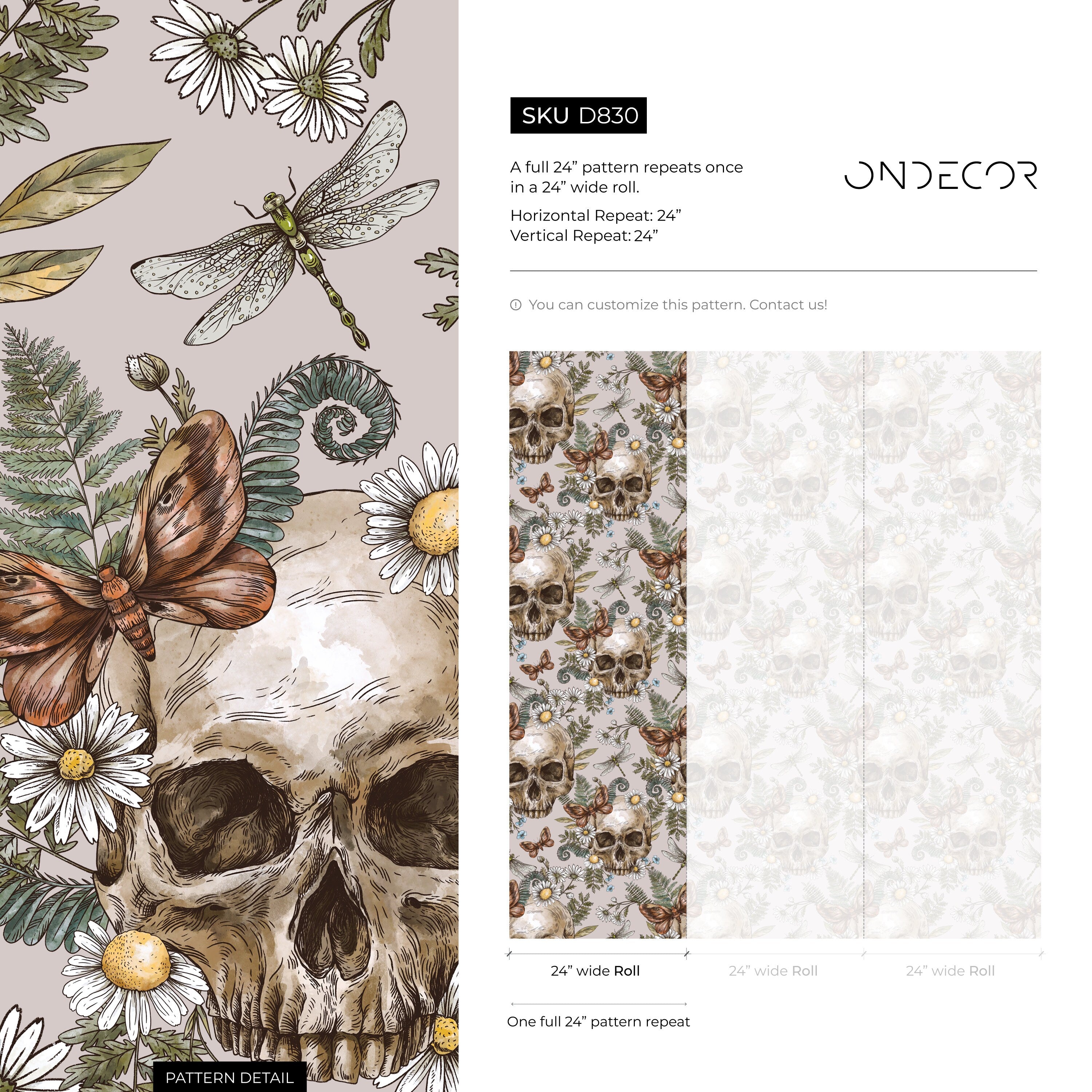 Gothic Wallpaper Featuring Skulls, Moths, And Ferns In Brown And Green - D830