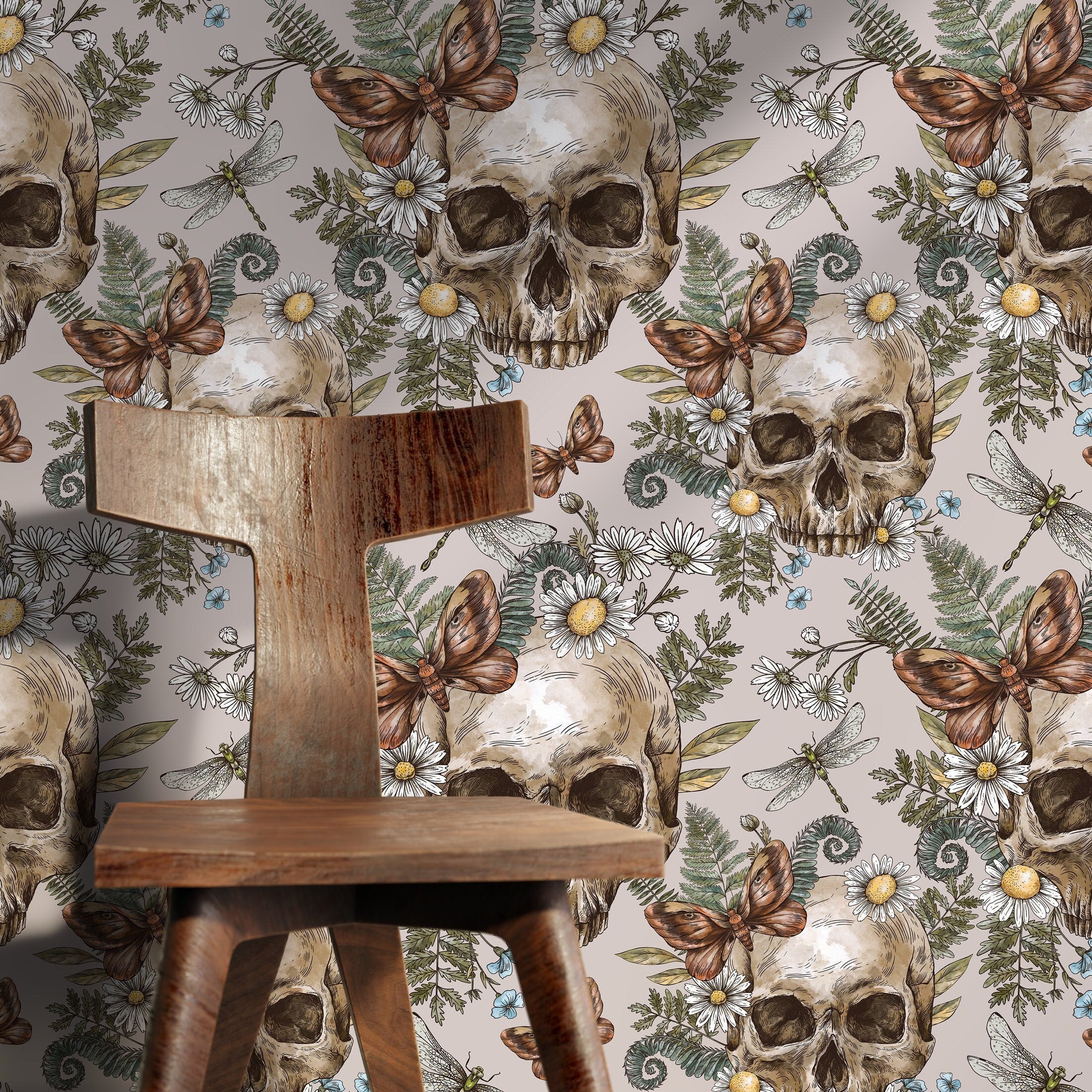 Gothic Wallpaper Featuring Skulls, Moths, And Ferns In Brown And Green - D830
