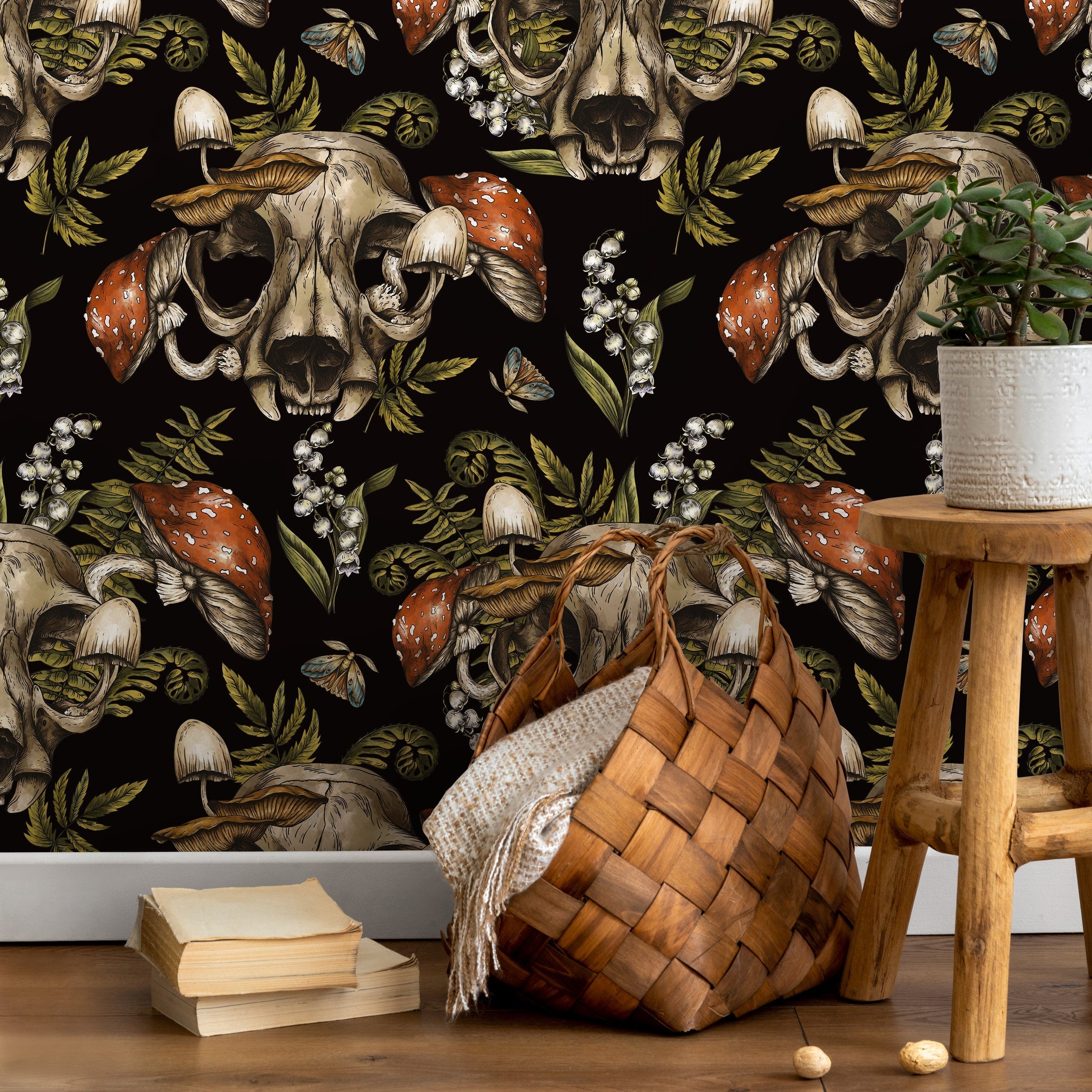 Gothic Wallpaper Featuring Animal Skulls And Mushrooms In Black And Red - D833