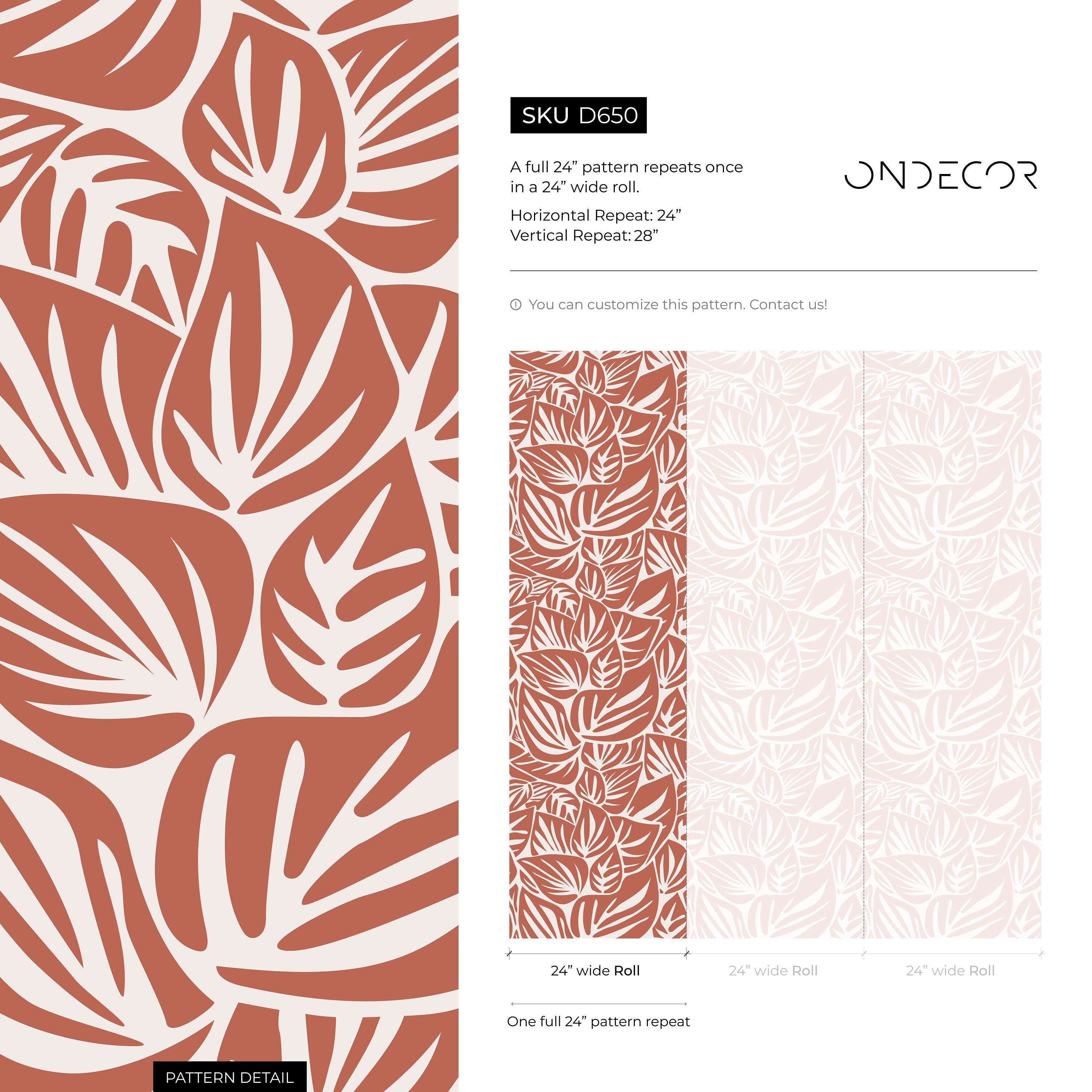 Botanical Wallpaper With A Modern Leaf Motif In Red And Cream - D650