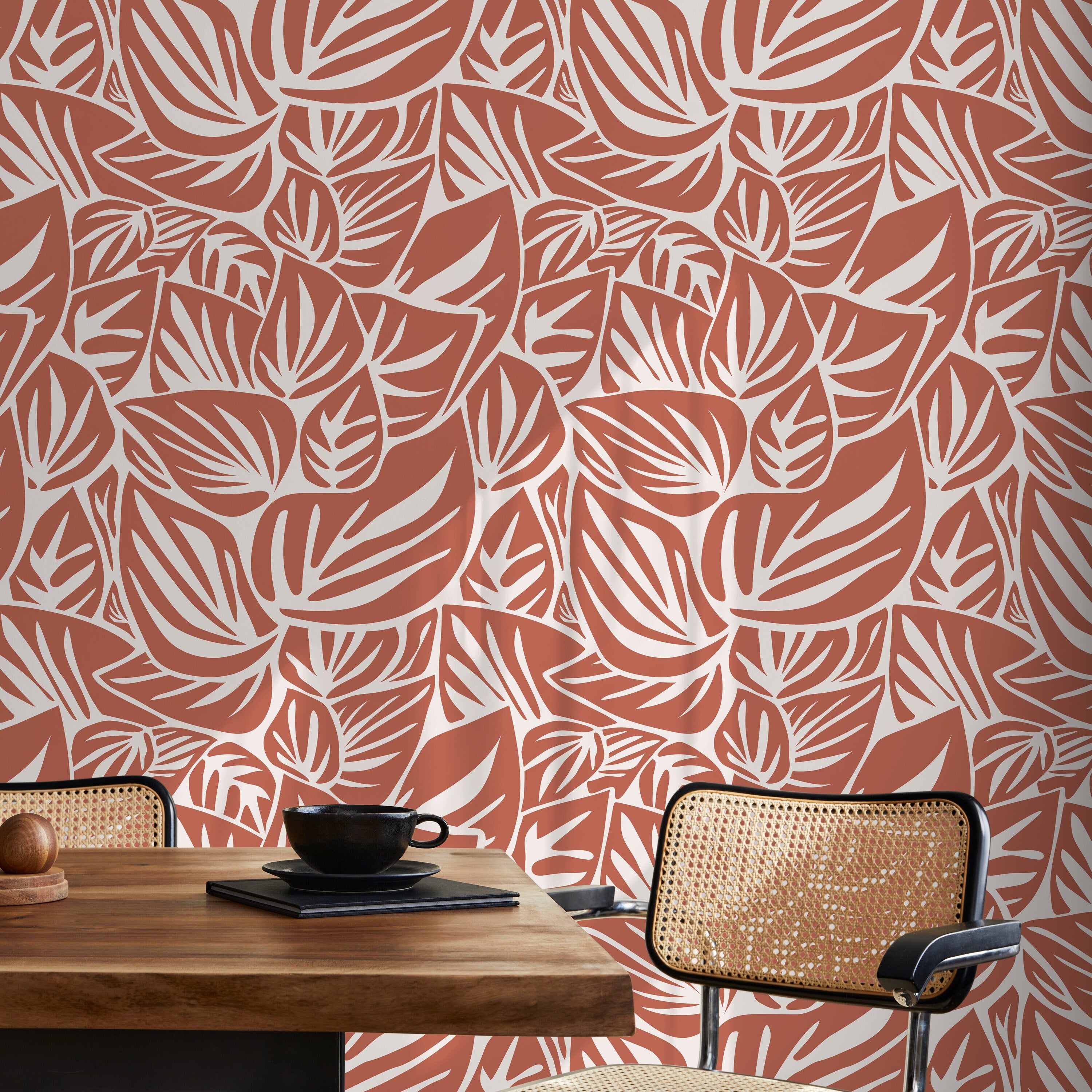 Botanical Wallpaper With A Modern Leaf Motif In Red And Cream - D650
