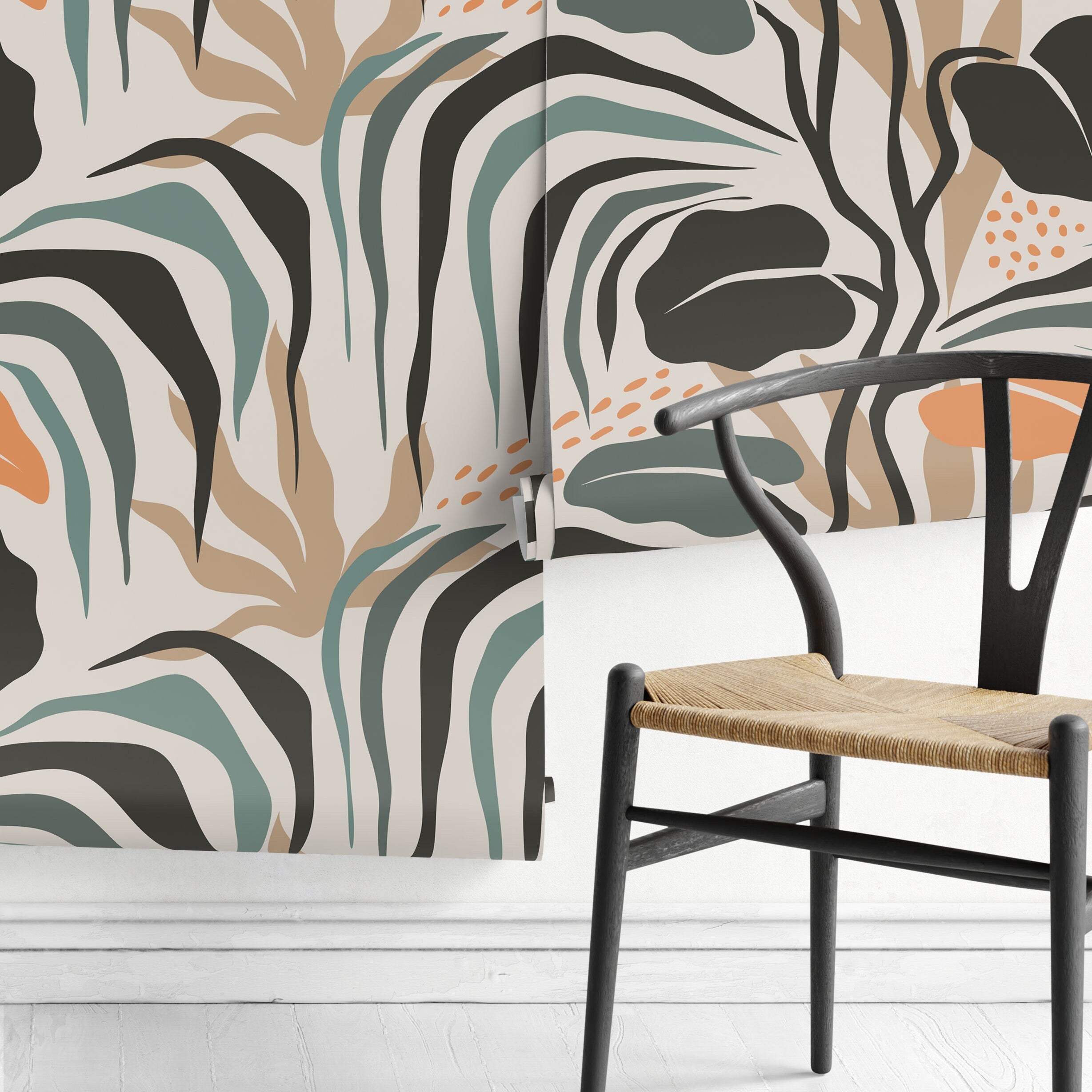 Botanical Wallpaper With Abstract Tropical Leaves In Black, Teal, And Orange - D718