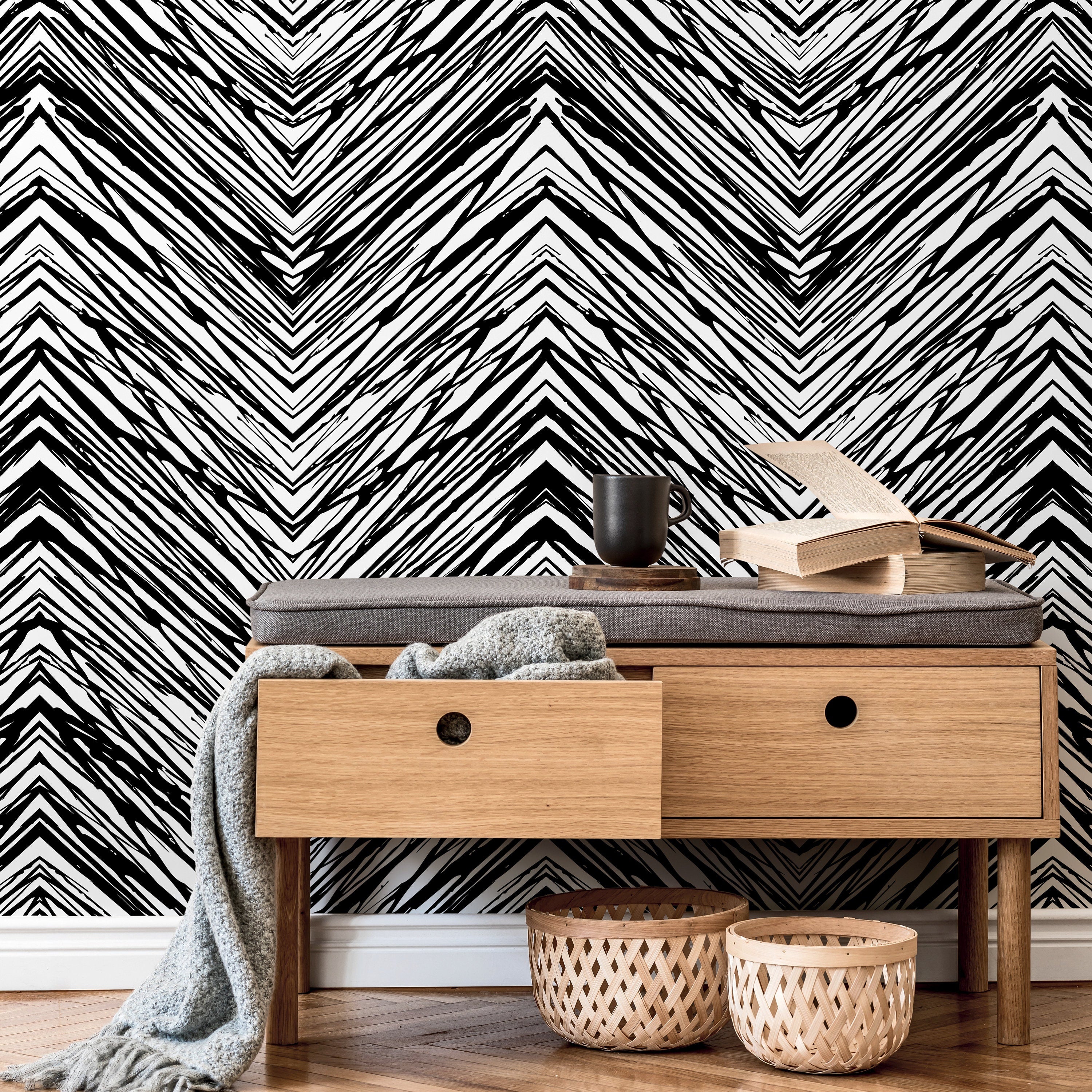 Geometric Wallpaper With A Sketched Chevron Motif In Black And White - D935