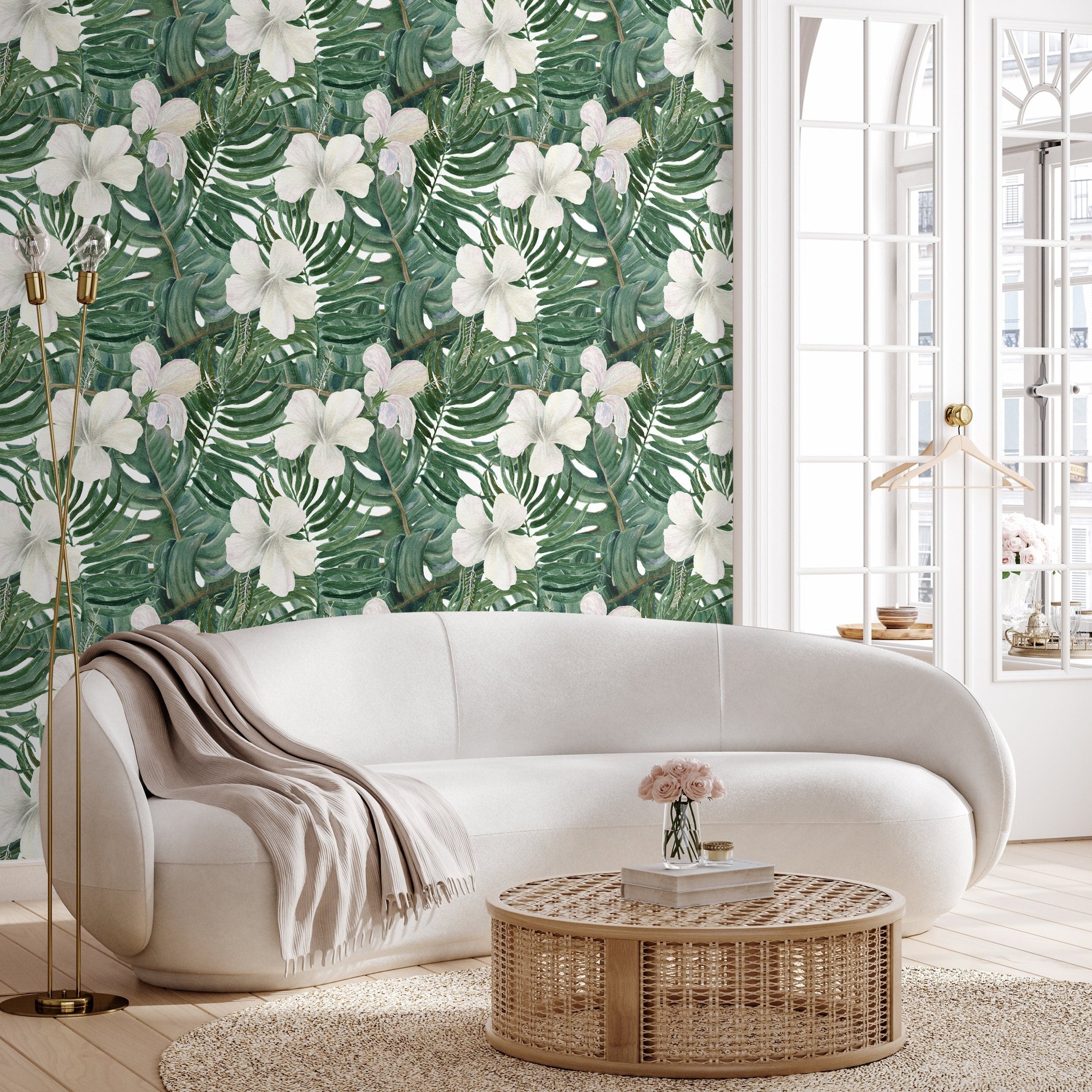 Tropical Wallpaper With White Hibiscus And Palm Leaves In Green And White - D957