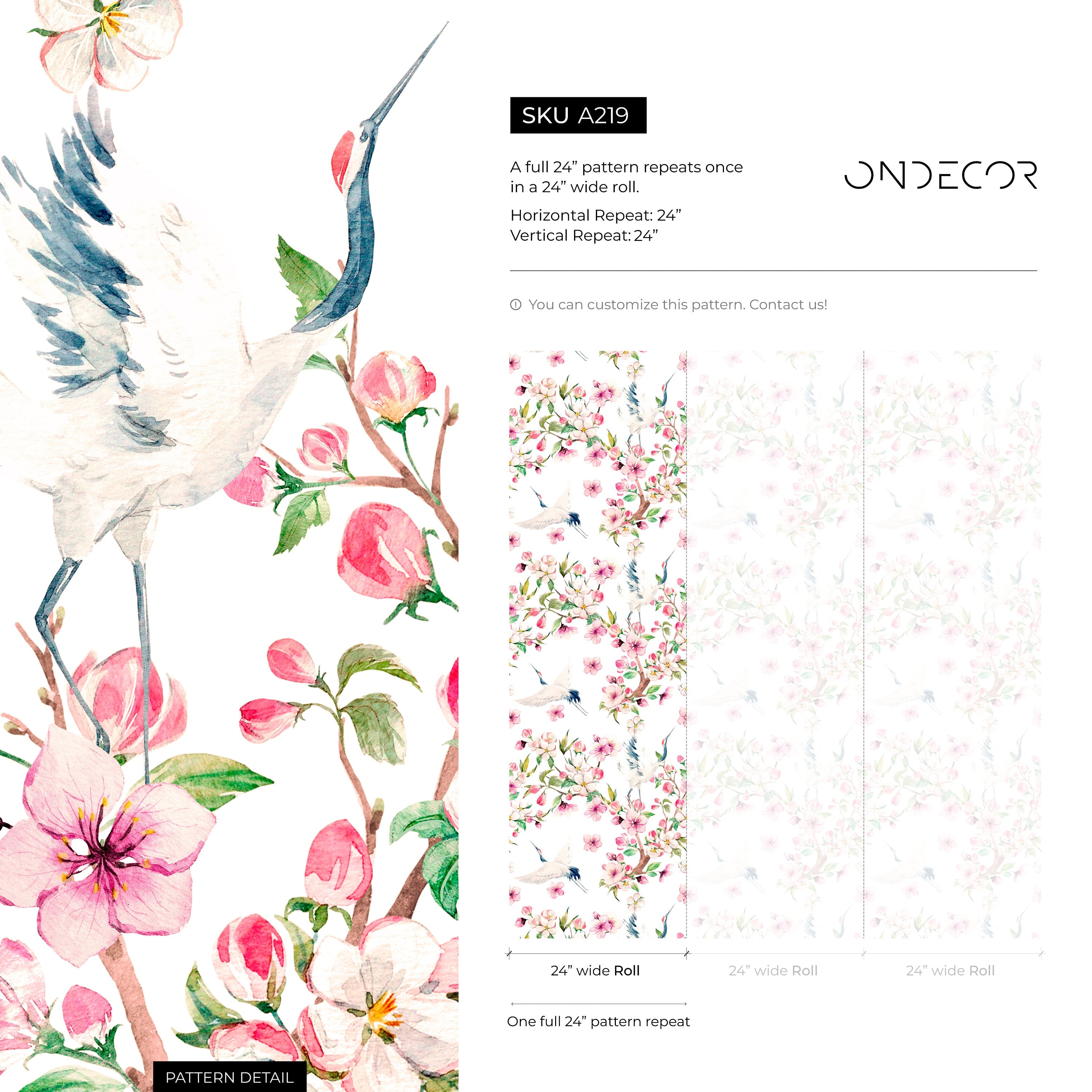 Chinoiserie Wallpaper With Cranes And Pink Blossoms - A219