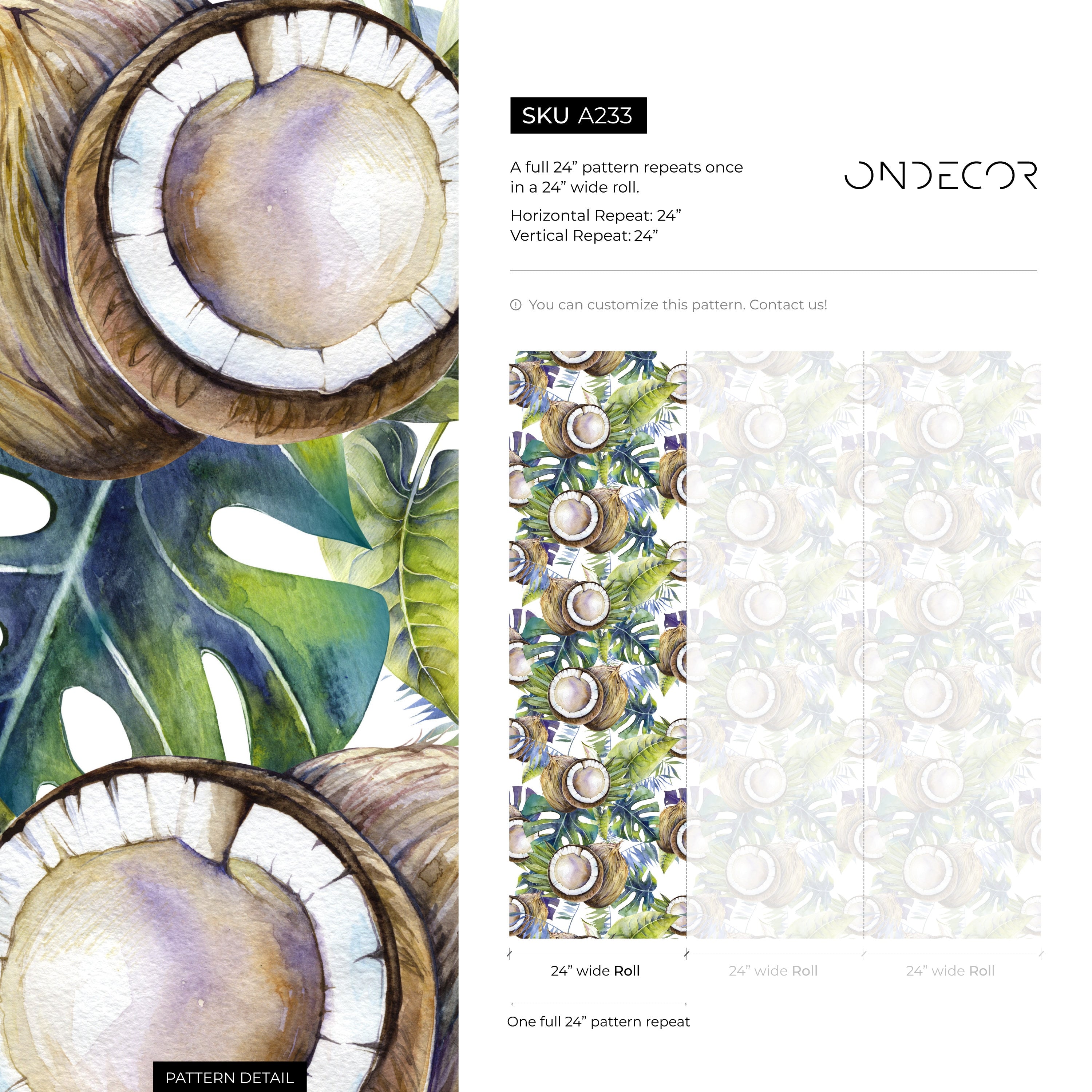 Tropical Wallpaper With A Coconut And Palm Leaf Motif In Green, Blue, And Brown - A233