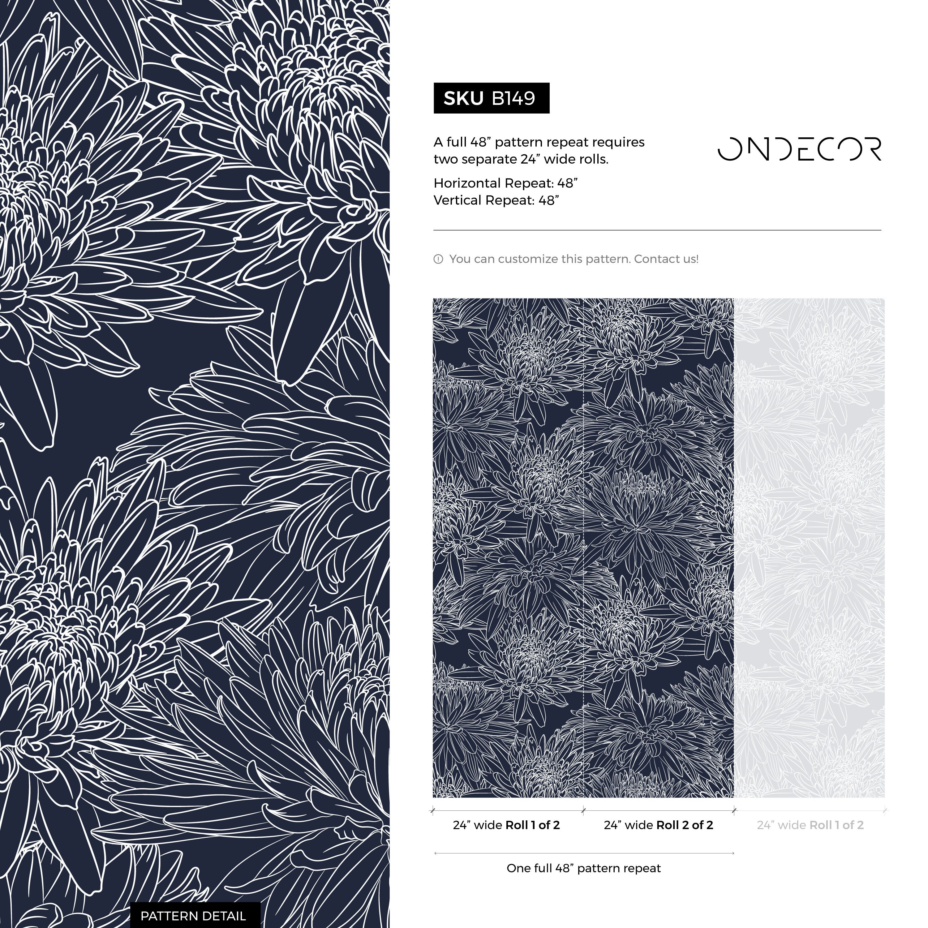 Floral Wallpaper With Chrysanthemum Line Art In Navy Blue And White - B149
