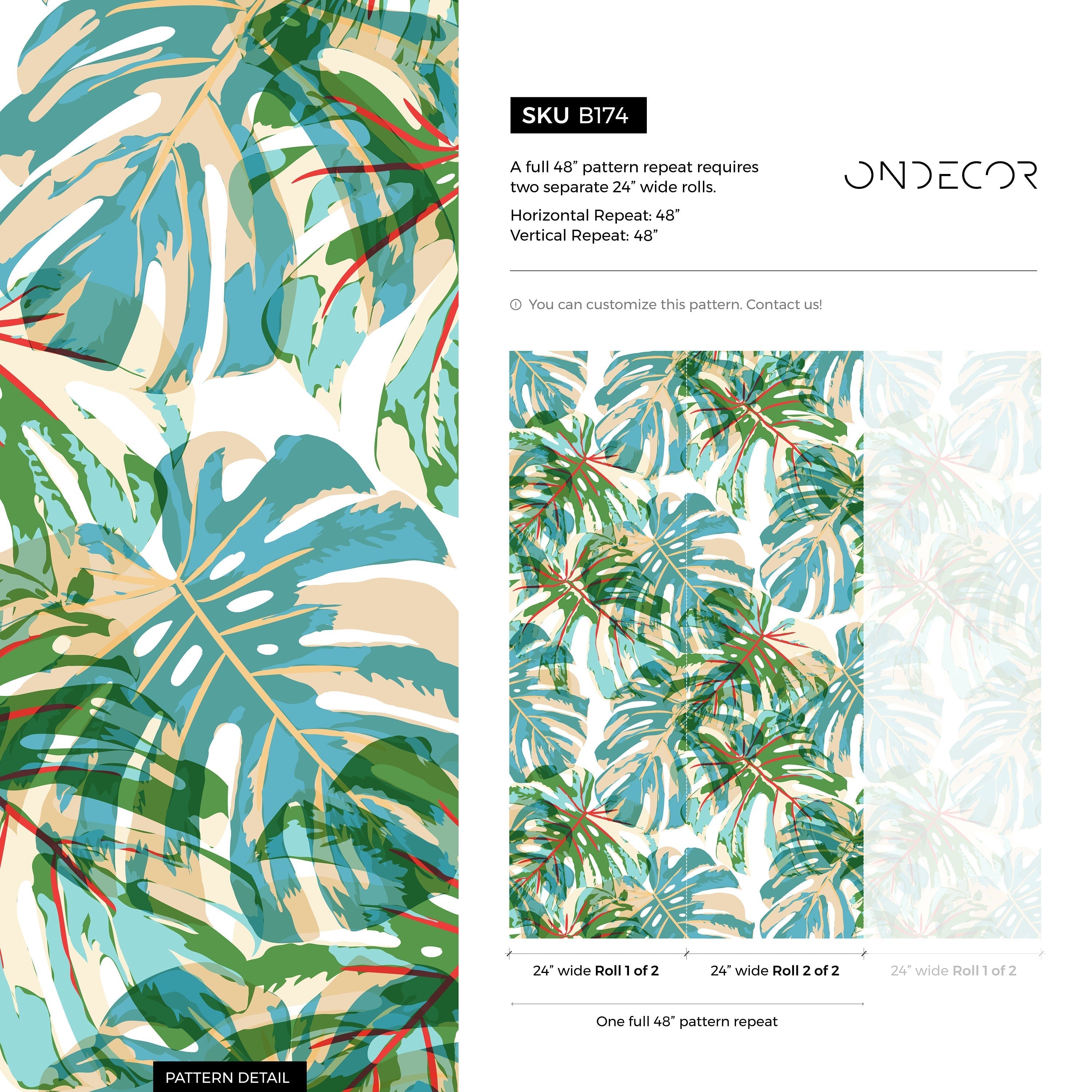 Tropical Wallpaper With Pop Art Monstera Leaves In Green, Blue, And Red - B174