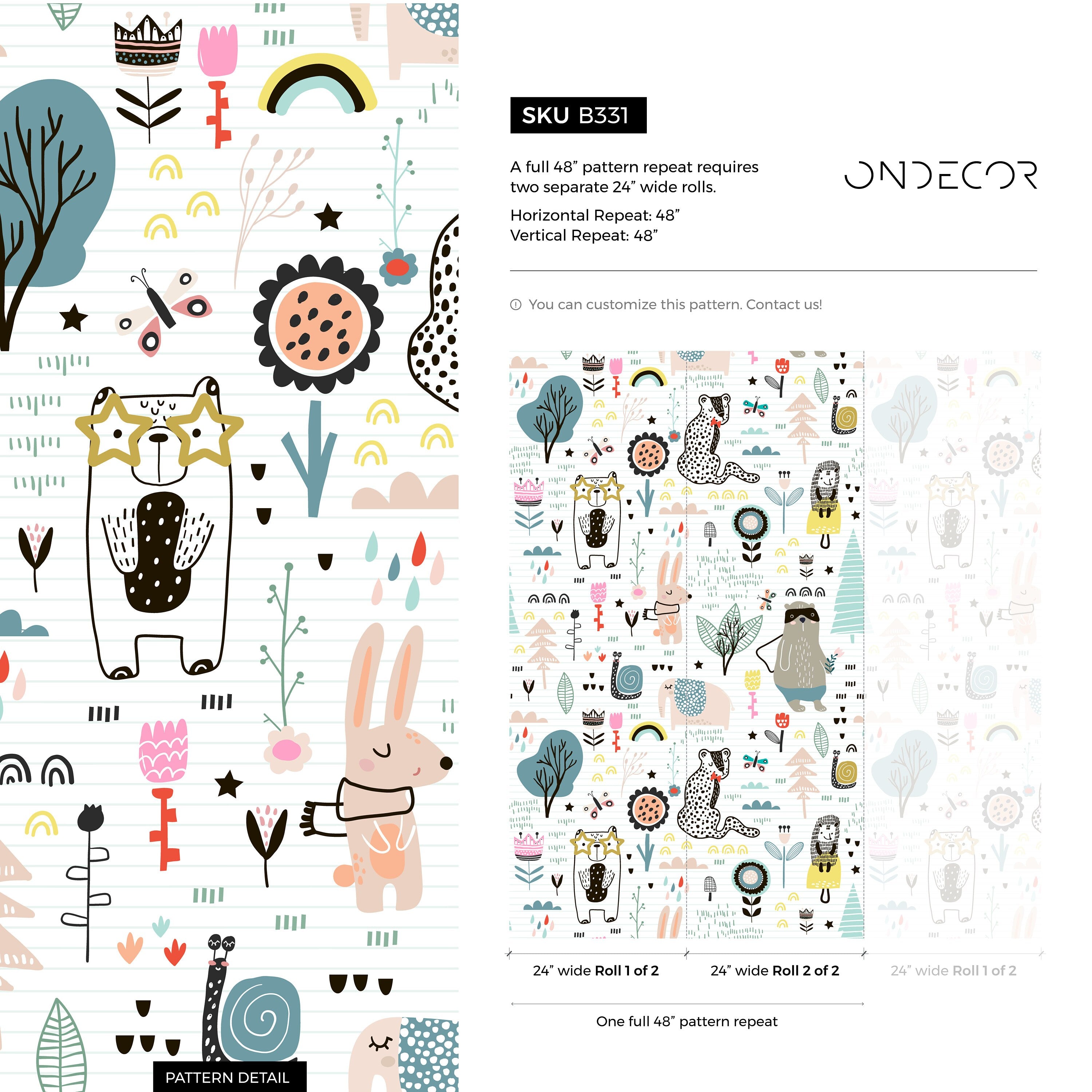 Kids Wallpaper With Whimsical Woodland Animals In Teal, Pink, And Yellow - B331