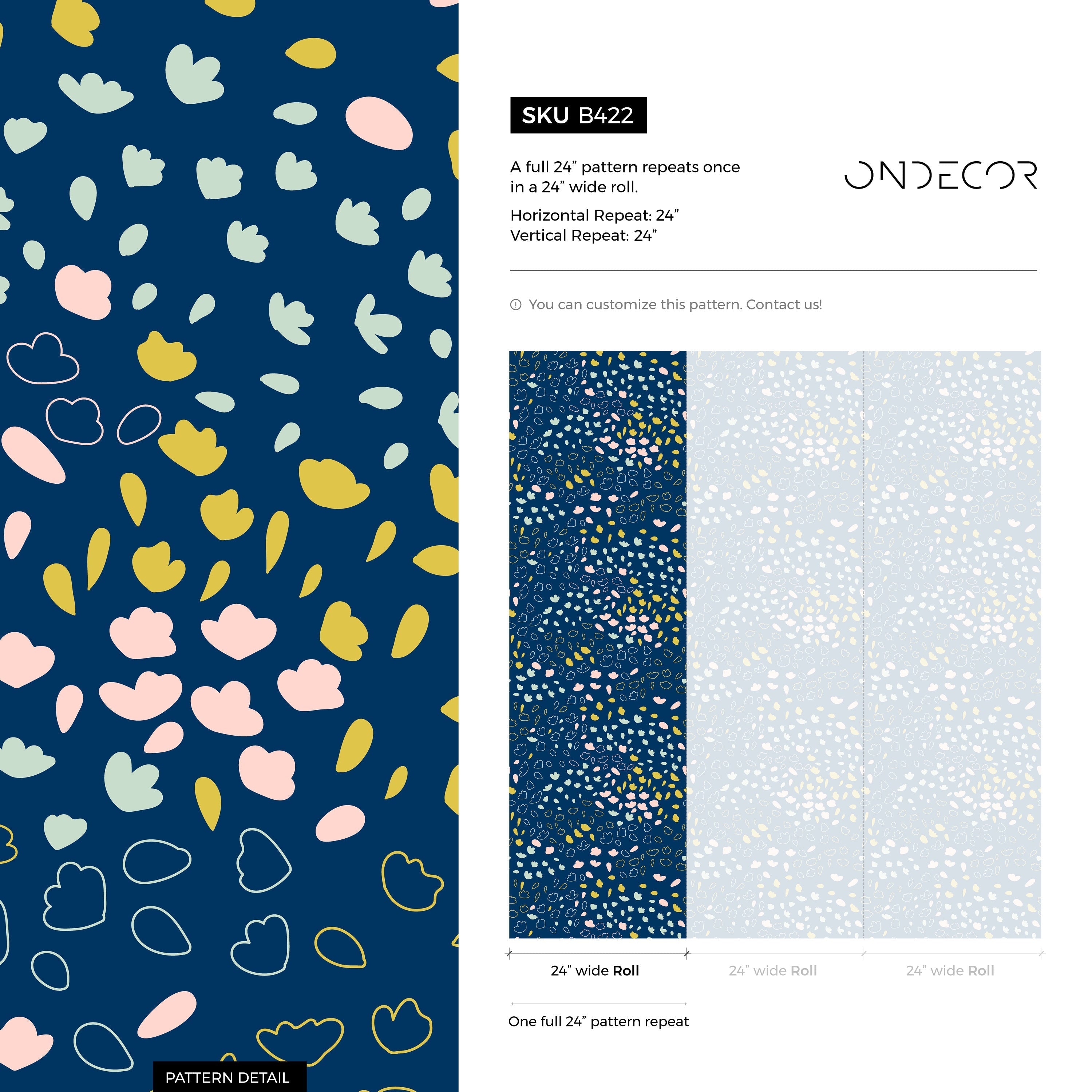 Abstract Wallpaper With Hand-drawn Florals In Blue, Yellow, And Pink - B422