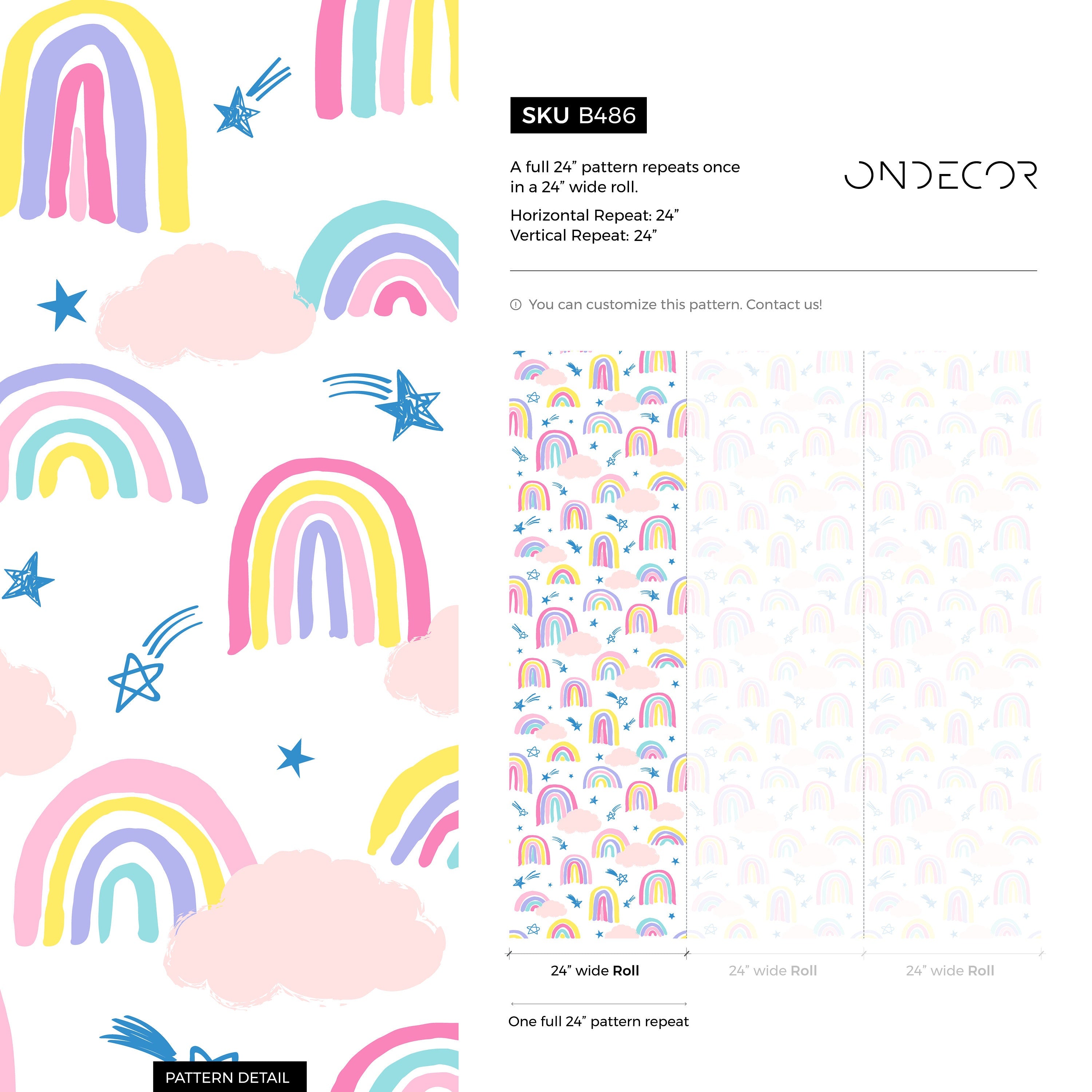 Kids Wallpaper With Hand-drawn Rainbows And Stars In Pink, Yellow, And Blue - B486