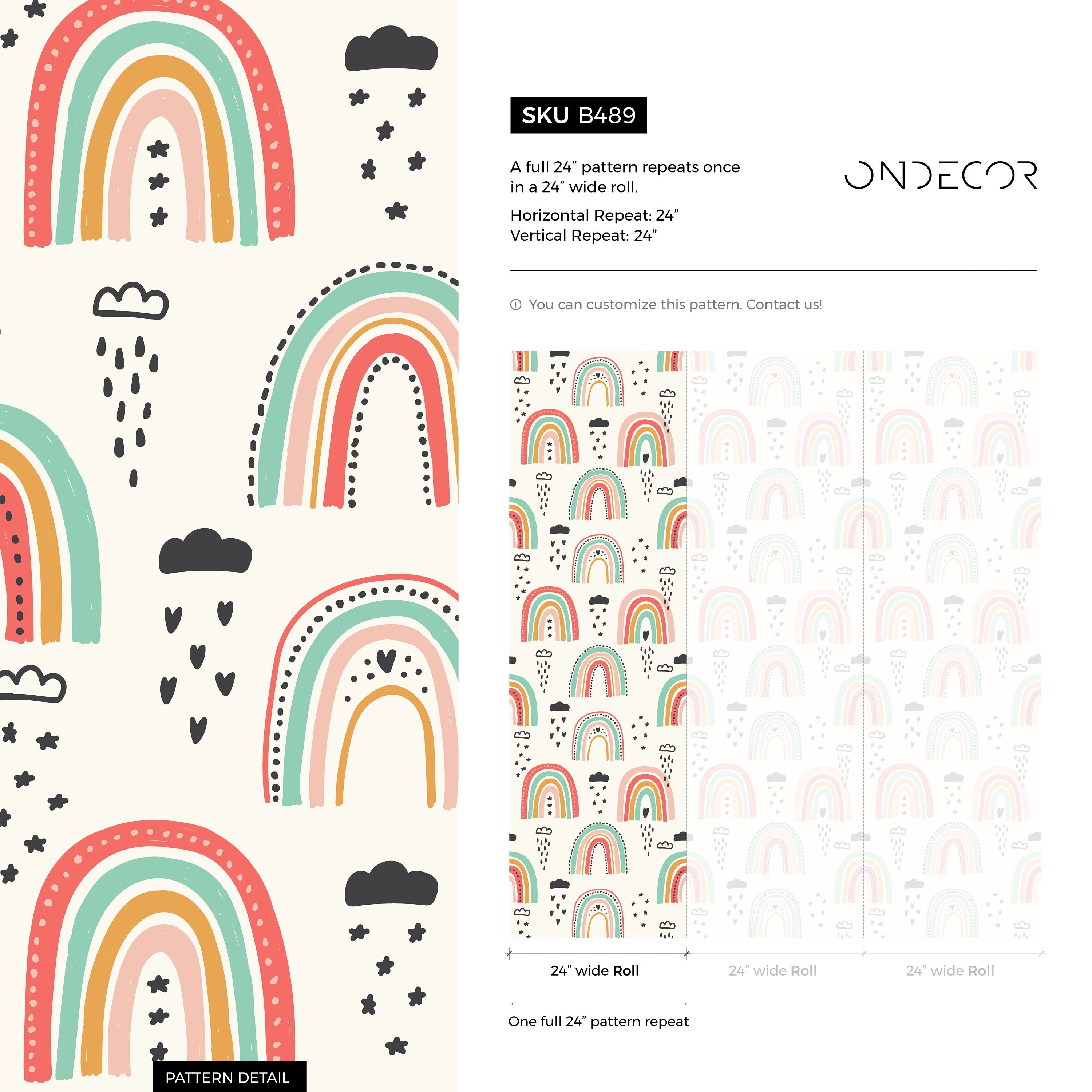 Rainbow Wallpaper With A Whimsical Hand-drawn Motif In Red, Teal, And Pink - B489