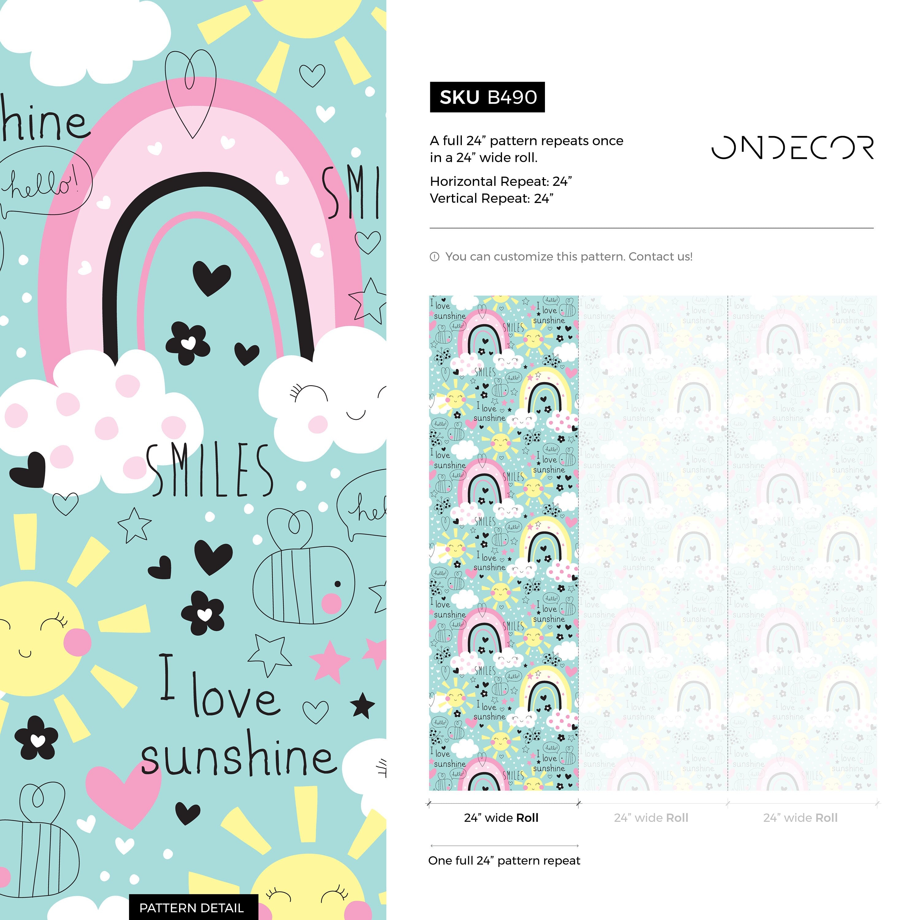 Kids Wallpaper With Sunshine And Rainbows In Pink, Yellow, And Teal - B490