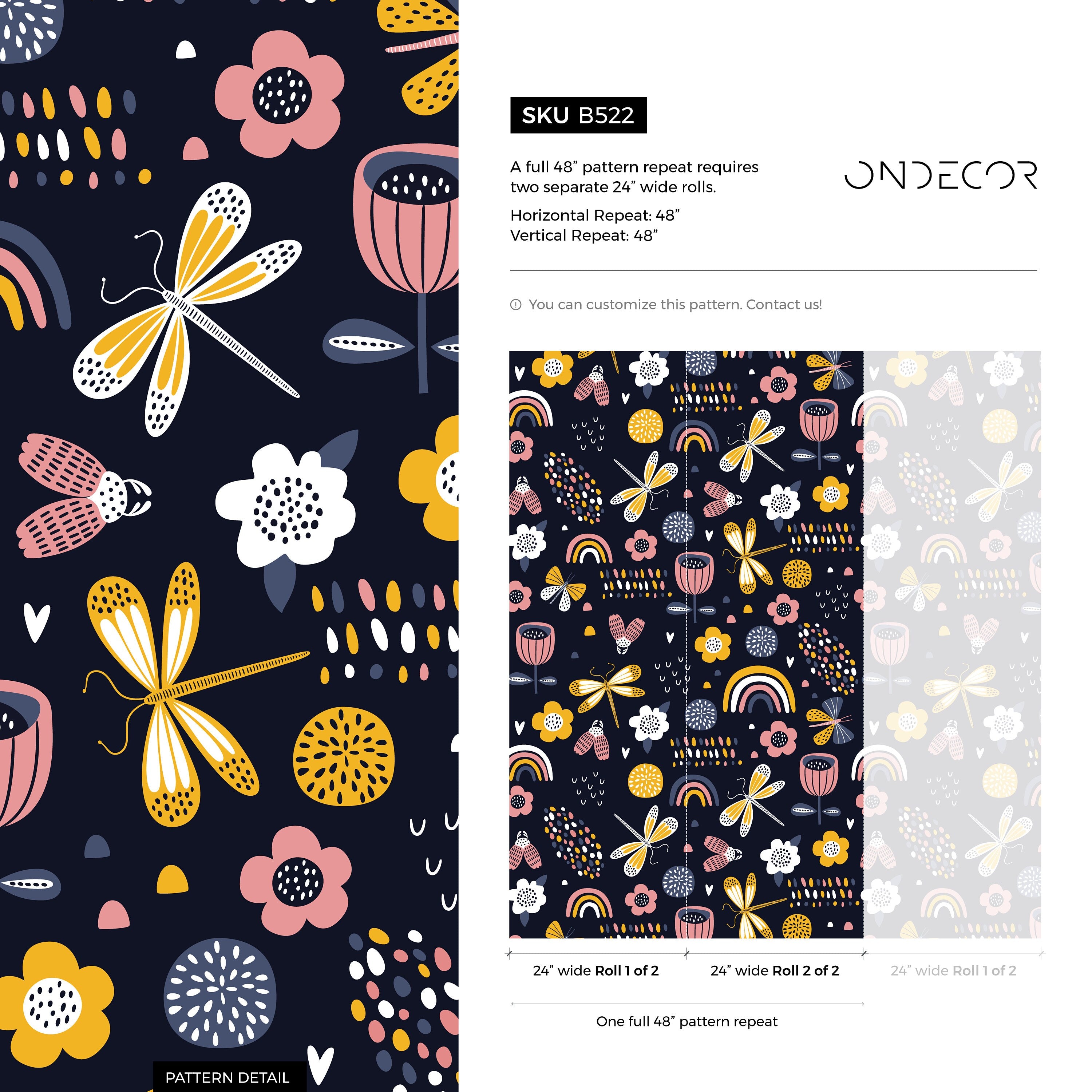 Kids Wallpaper With Dragonflies, Rainbows, And Flowers In Yellow, Pink, And Blue - B522