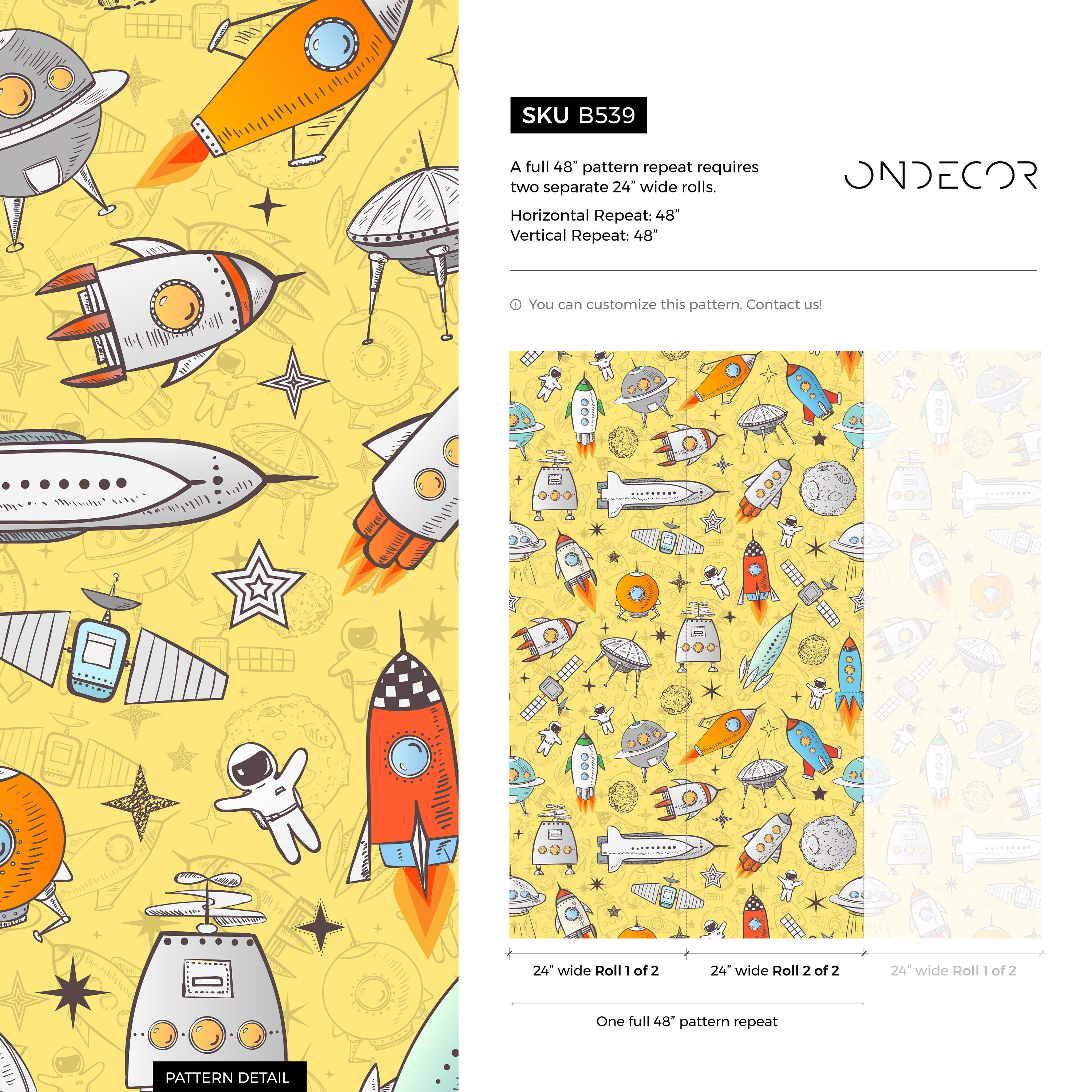 Kids Wallpaper With A Doodle Spaceship Motif In Yellow, Blue, And Orange - B539