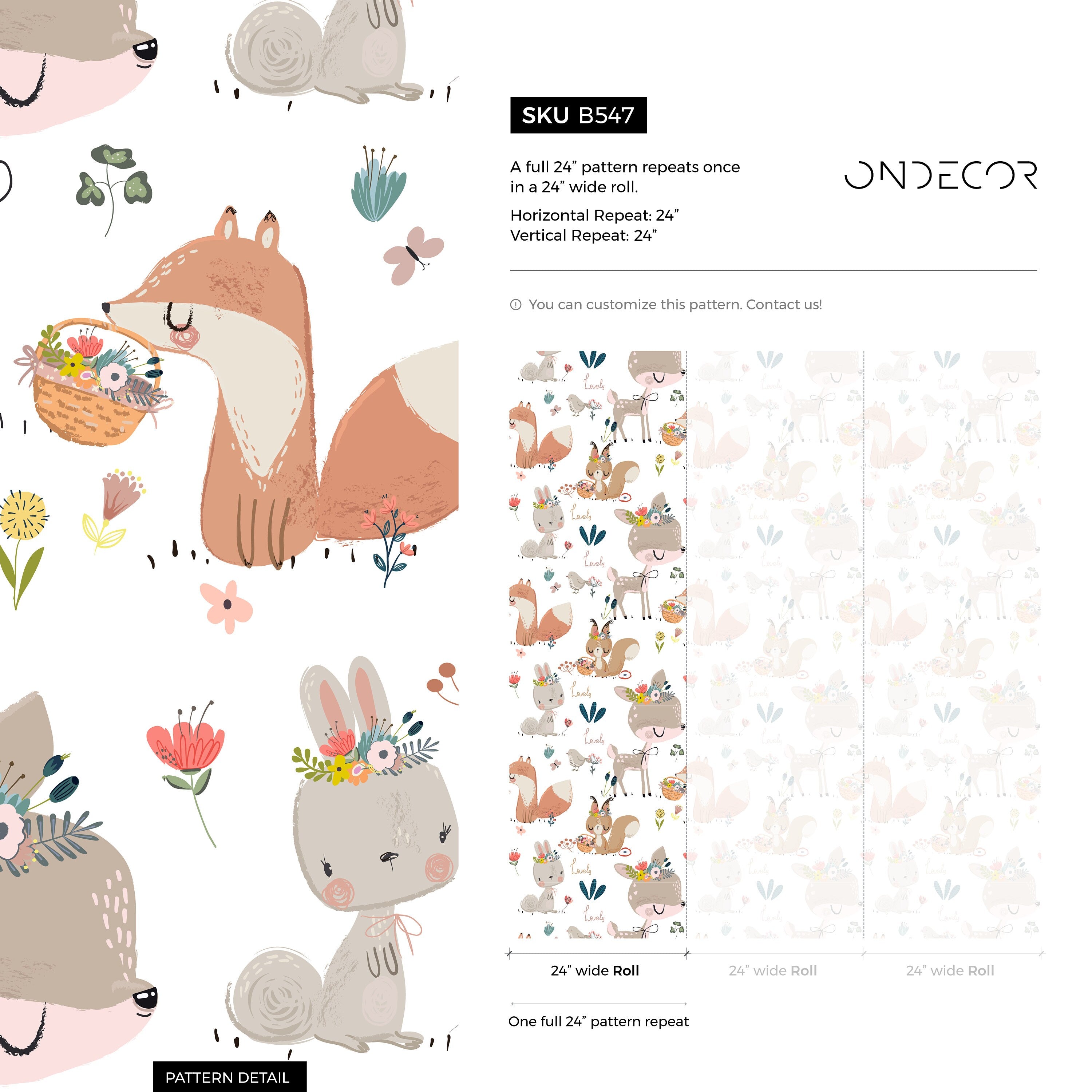 Animal Wallpaper With Floral Woodland Creatures In Brown, Pink, And Teal - B547