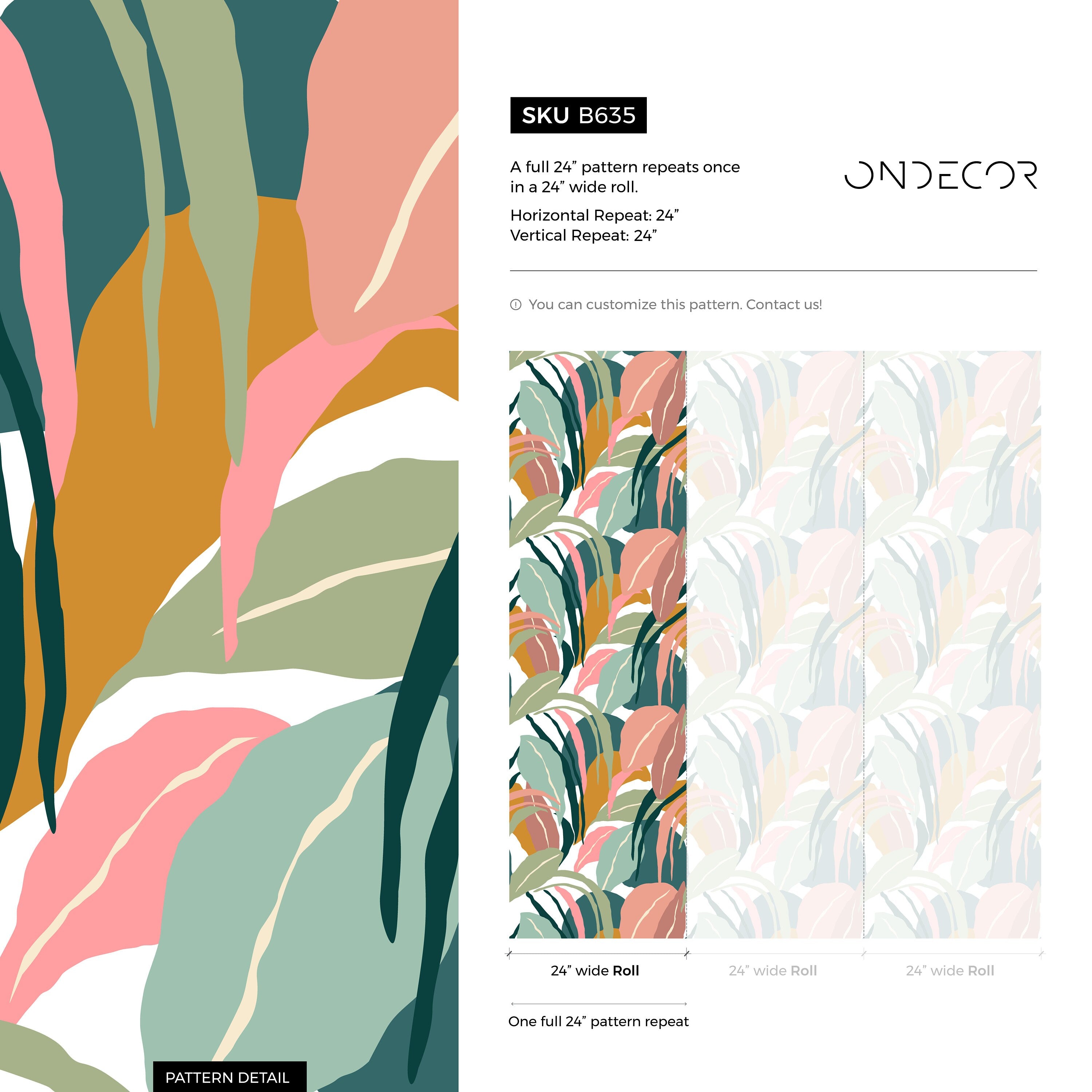 Botanical Wallpaper Featuring Abstract Tropical Leaves In Teal, Pink, And Yellow - B635