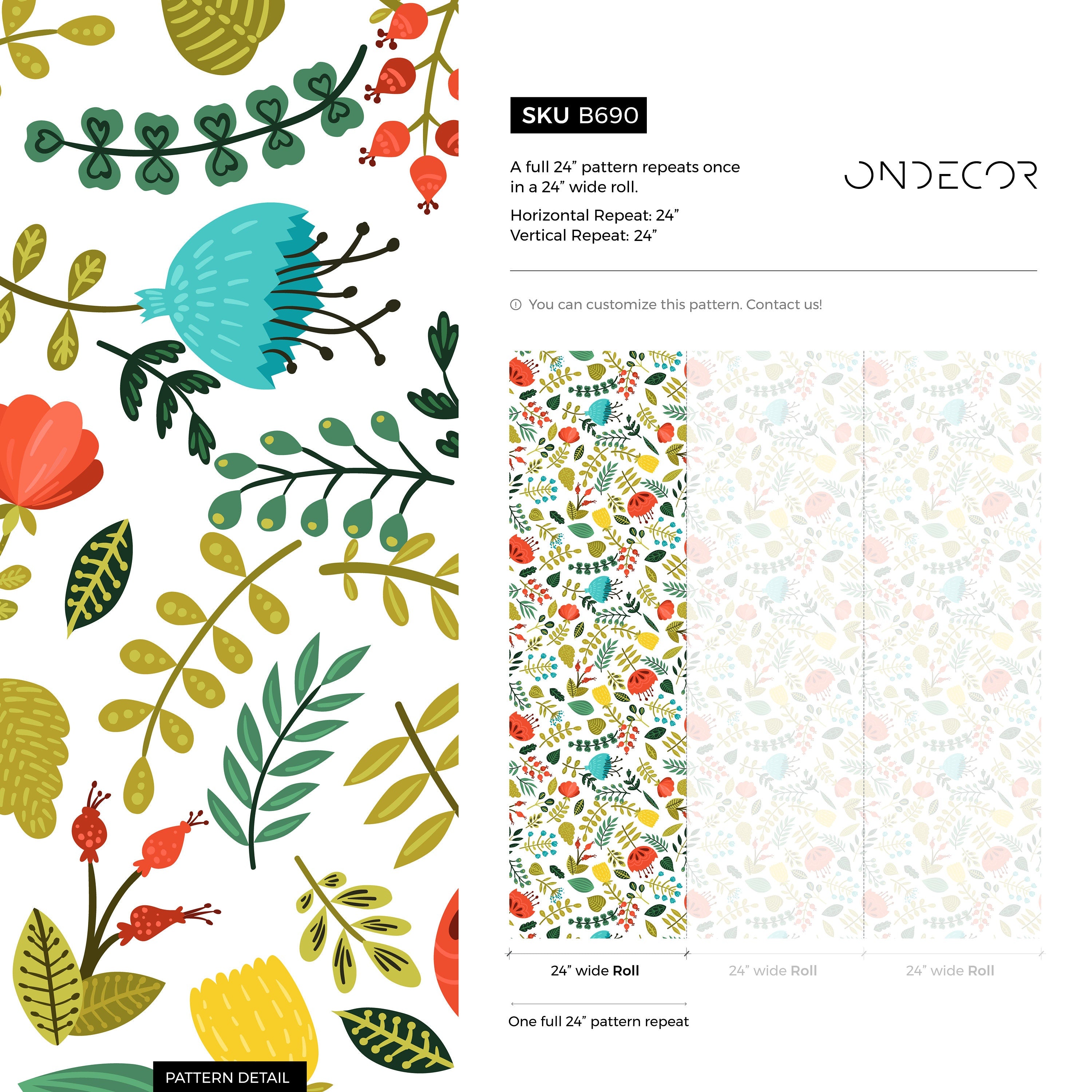 Botanical Wallpaper With Folk Art Florals In Red, Yellow, And Teal - B690