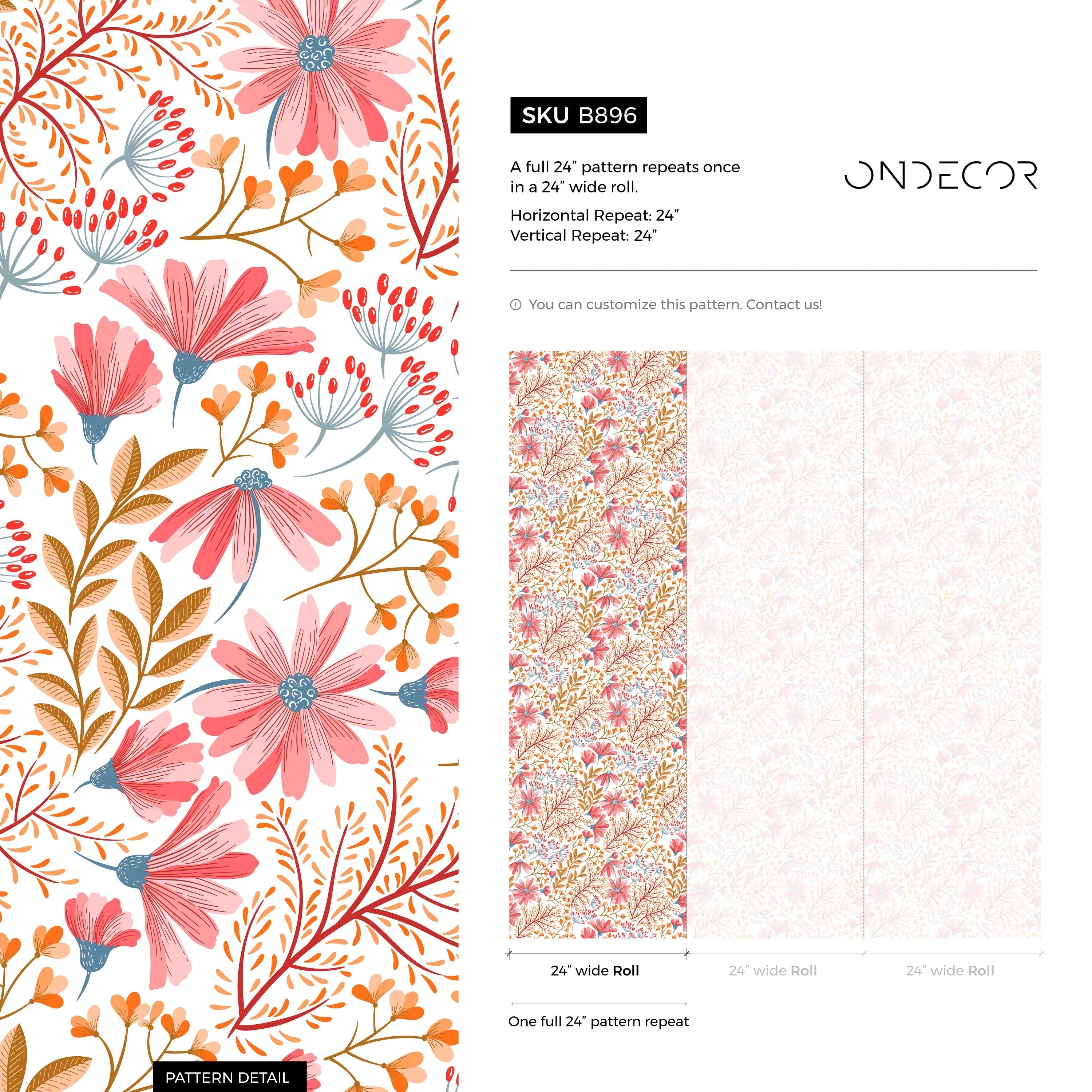 Floral Wallpaper With Stylized Wildflowers In Pink, Orange, And Blue - B896