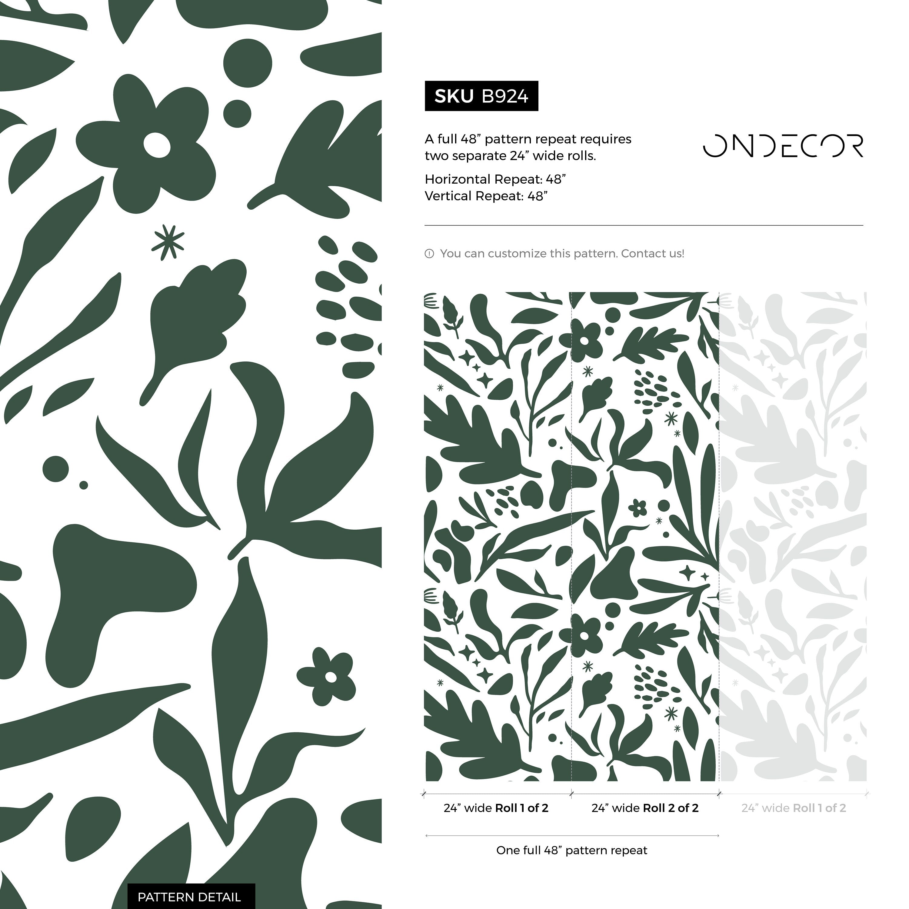 Abstract Wallpaper With A Modern Botanical Motif In Dark Green - B924