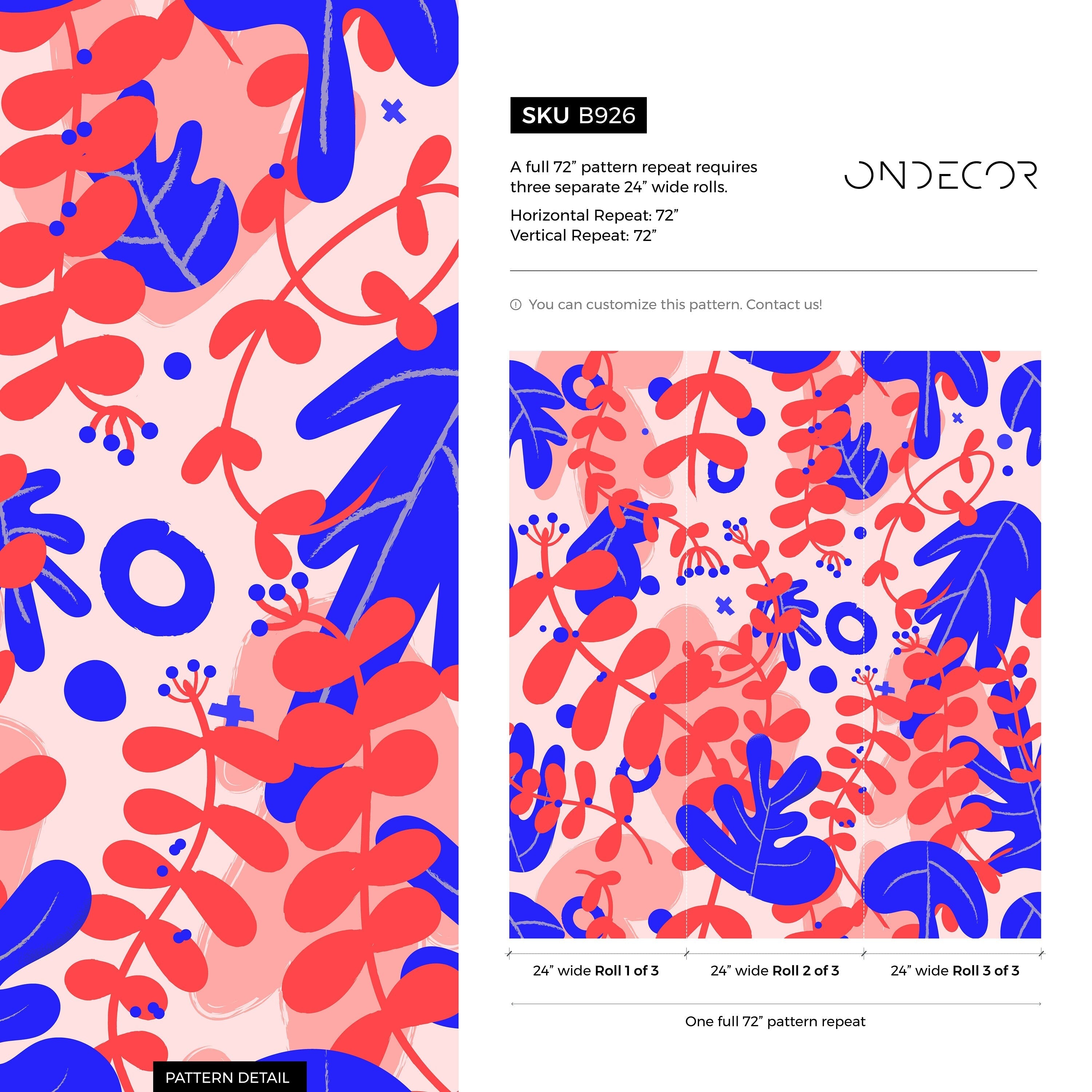 Botanical Wallpaper With Abstract Floral Shapes In Red, Blue, And Pink - B926