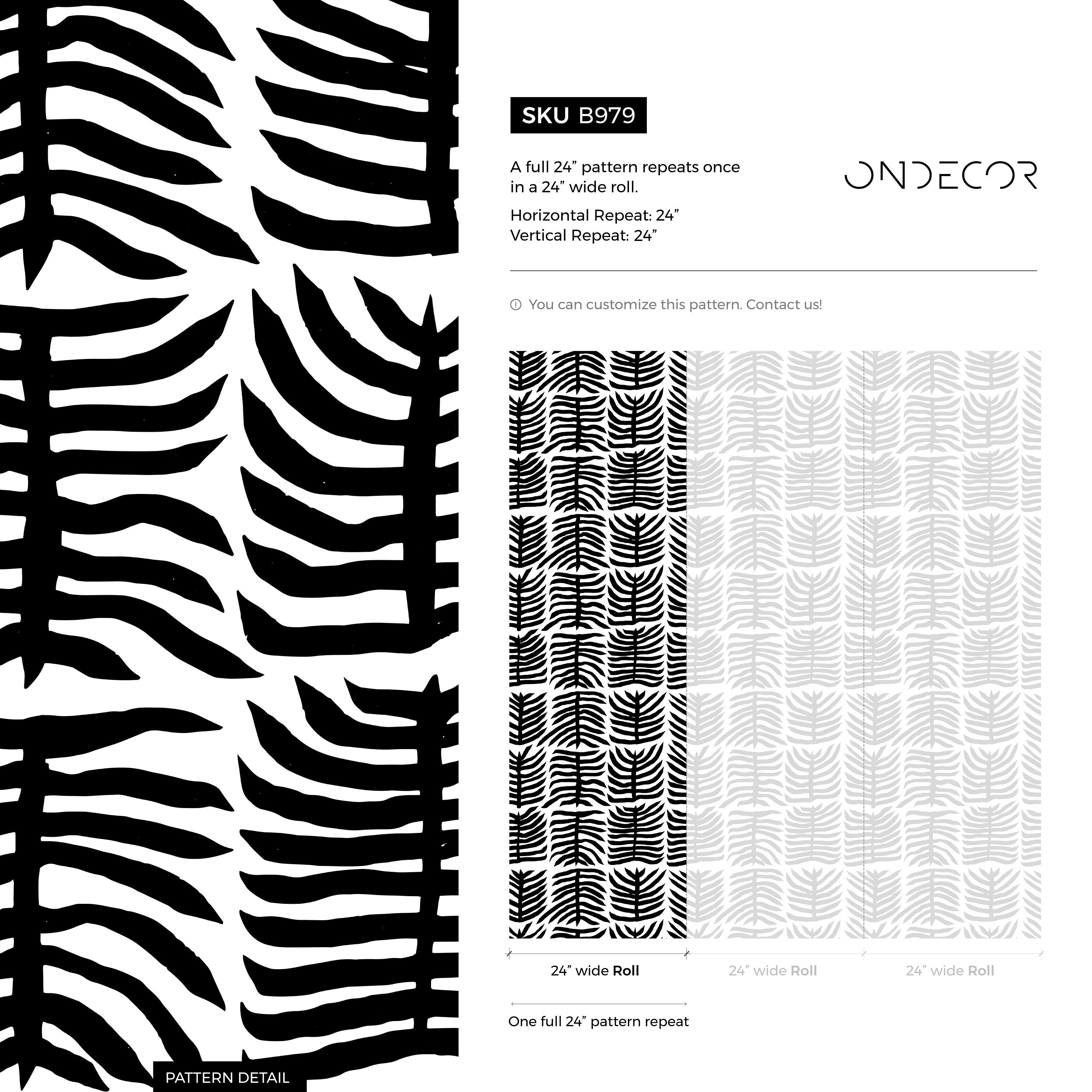 Botanical Wallpaper With A Graphic Leaf Pattern In Black And White - B979