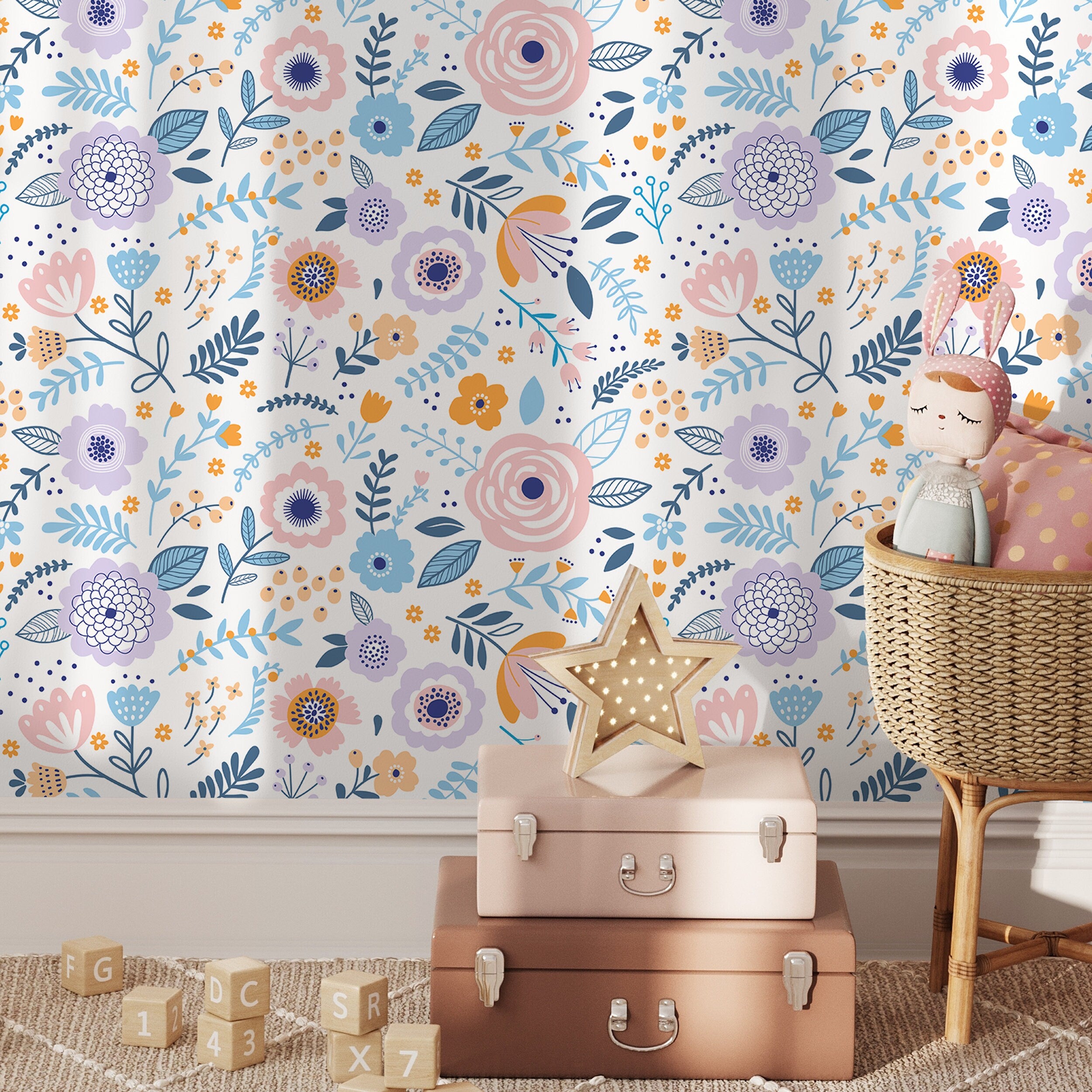 Floral Wallpaper With Whimsical Wildflowers In Pink, Blue, And Orange - D933